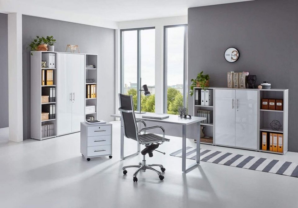 BMG Möbel Büromöbel-Set Office Edition Mini Set 5, Büromöbel komplett Set  Arbeitszimmer Homeoffice in Lichtgrau/Weiß Matt MADE IN GERMANY