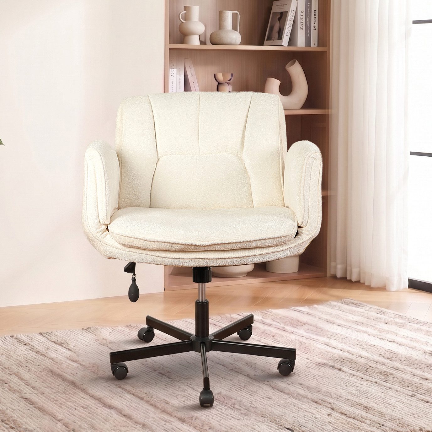 Vankel Drehstuhl Bürostuhl für Schneidersitz, 60 cm breit & 5-fach Armlehnen, Chenille-Drehstuhl mit Luft-Lordosenstütze, Rollen, bis 150 kg