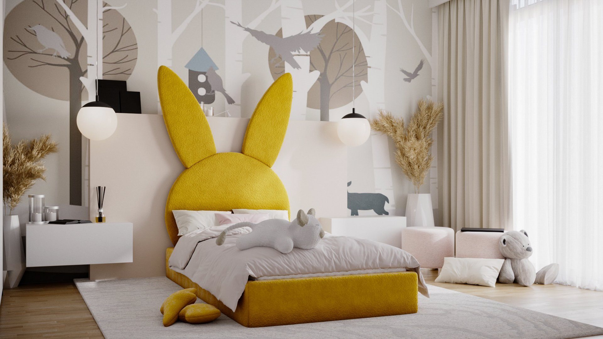 Bett in Möbel oder Kopfteil HÄSCHEN Stoff Fun (mit Matratze), in Gelb Ascot ohne Häschenform Polsterbett Kinderbett Comfort-Plus Bukla