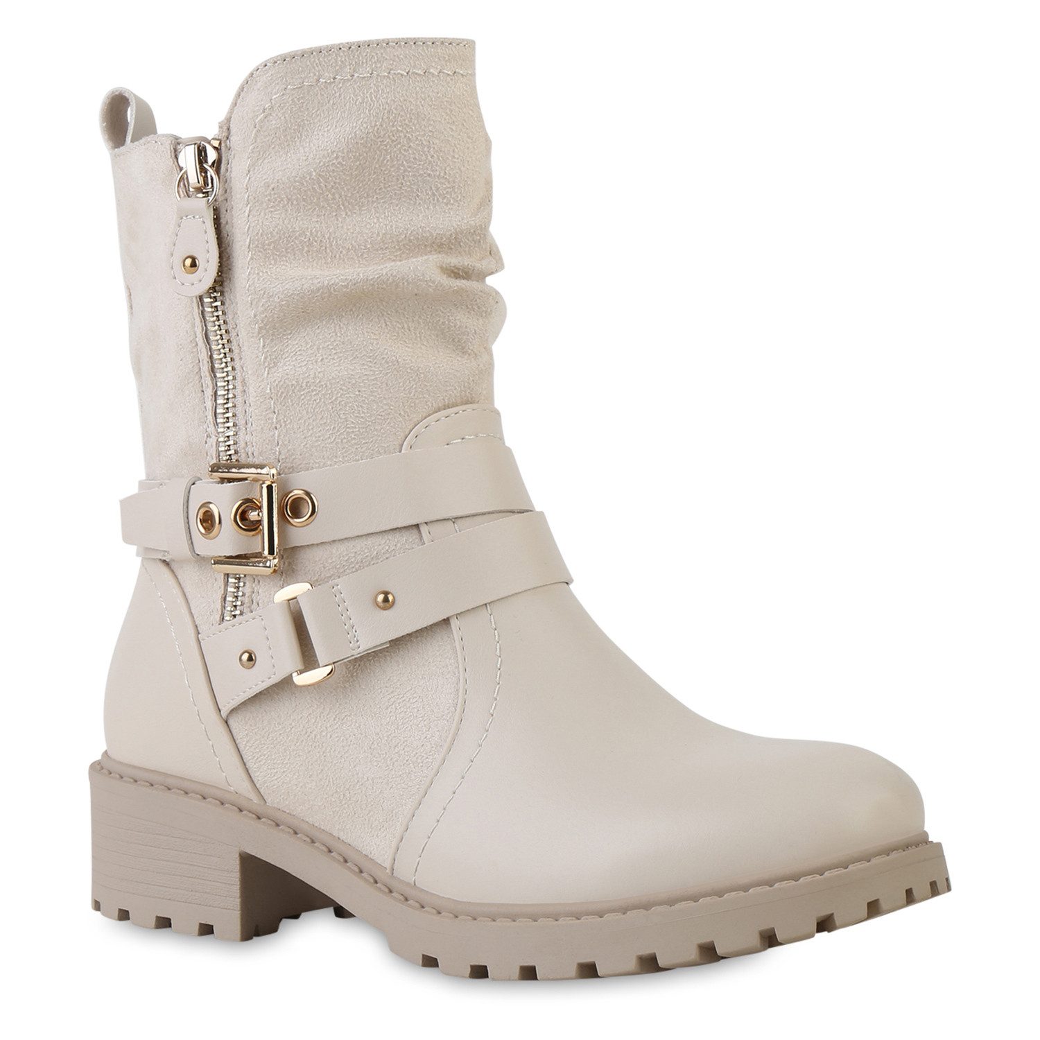 VAN HILL 841452 Bikerboots Damen Leicht Gefütterte Biker Boots Stiefeletten Schnallen