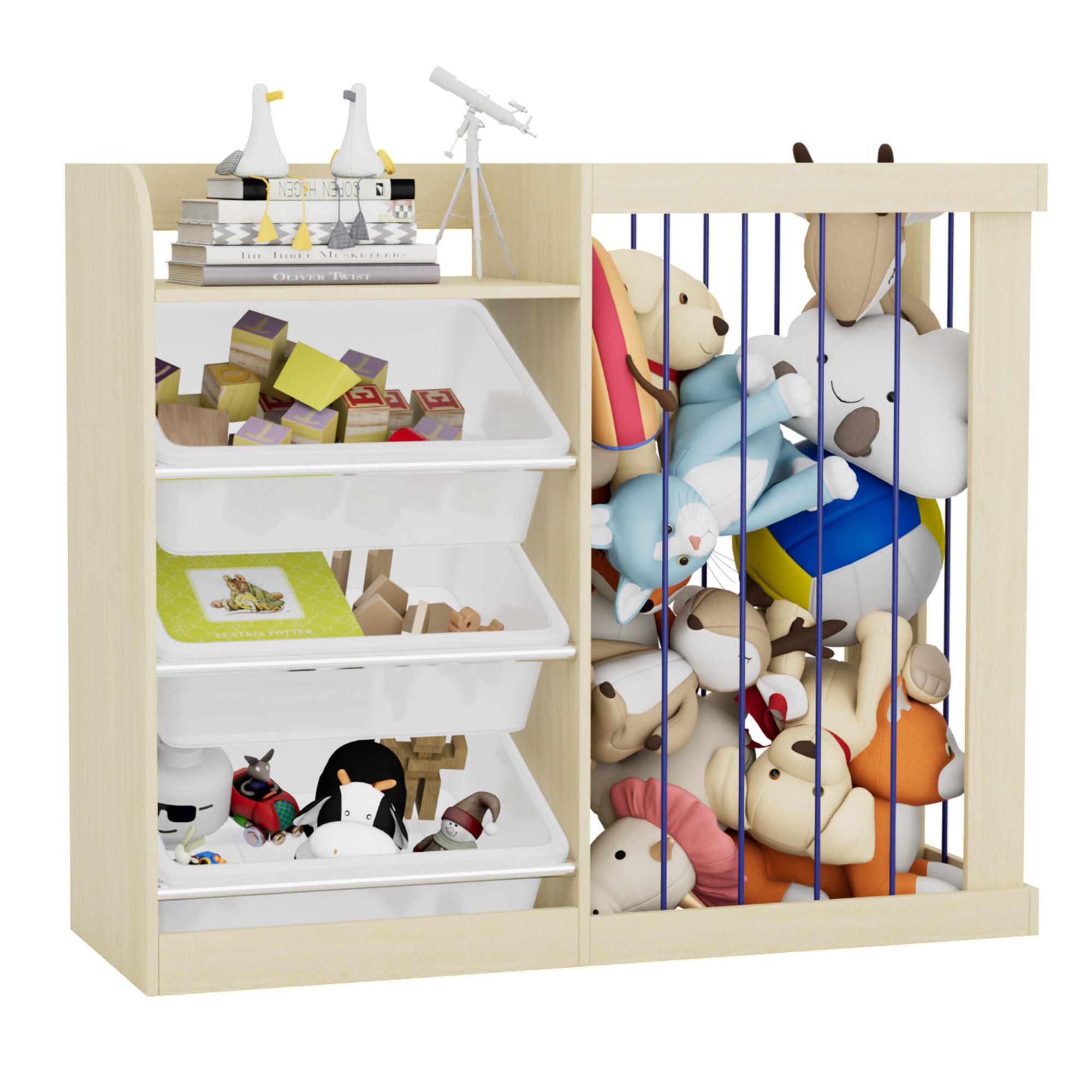 radelldar Spielzeugtruhe 2 in 1 Kinderregal, mit 3 Aufbewahungsbox, 95x34x80cm