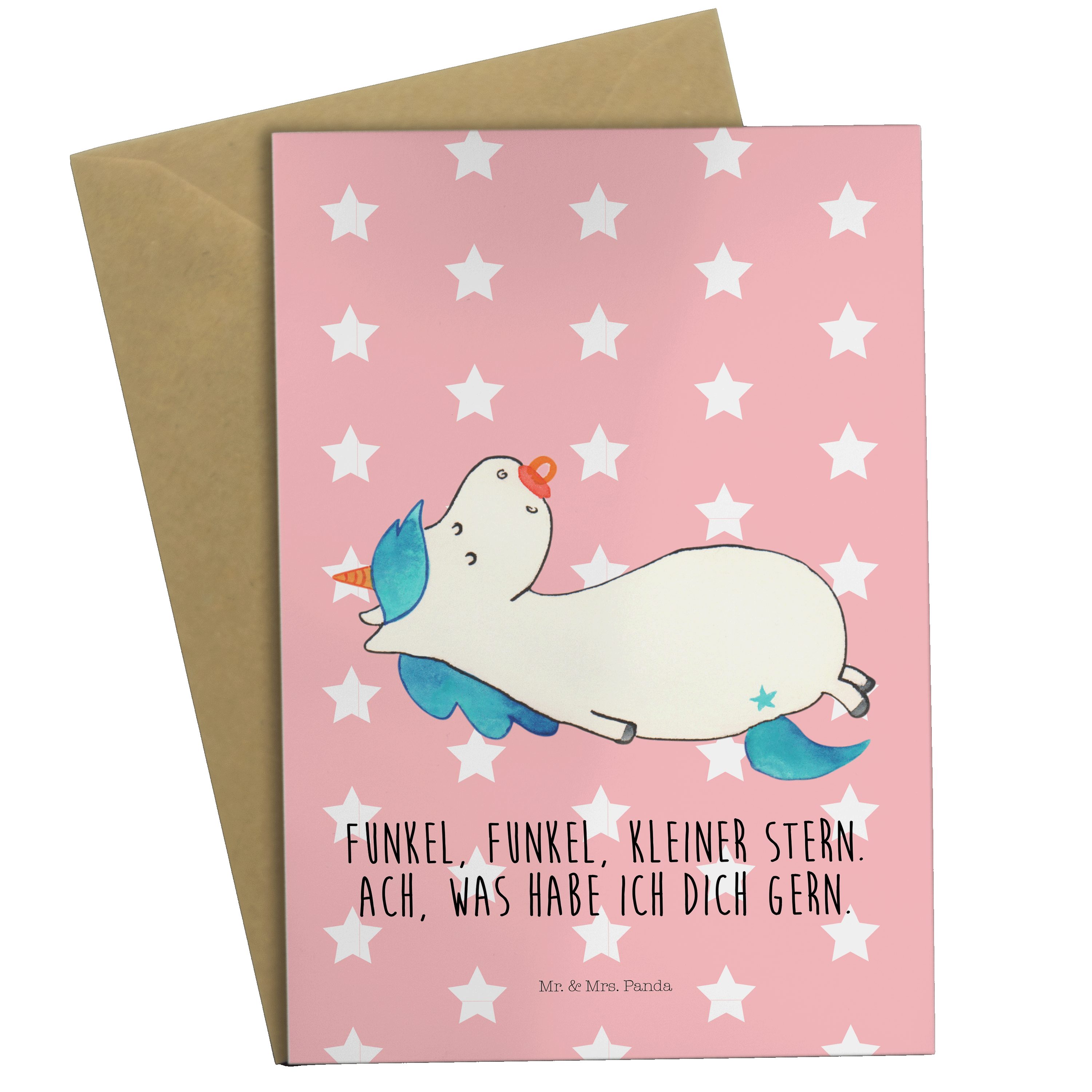 Mr. & Mrs. Panda Grußkarte Einhorn Schnullie - Rot Pastell - Geschenk, Pegasus, Geschenk Geburt