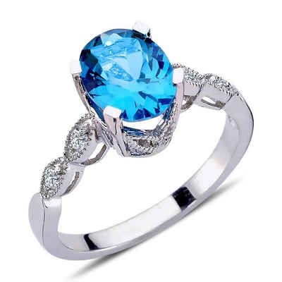 EinStein Diamant Diamantring Diamant Oval Blauer Topas Ring 14 Karat Weißgold, Rubin, Diamantring, Damenring, Unbehandelter Diamant, Brillant-Schliff