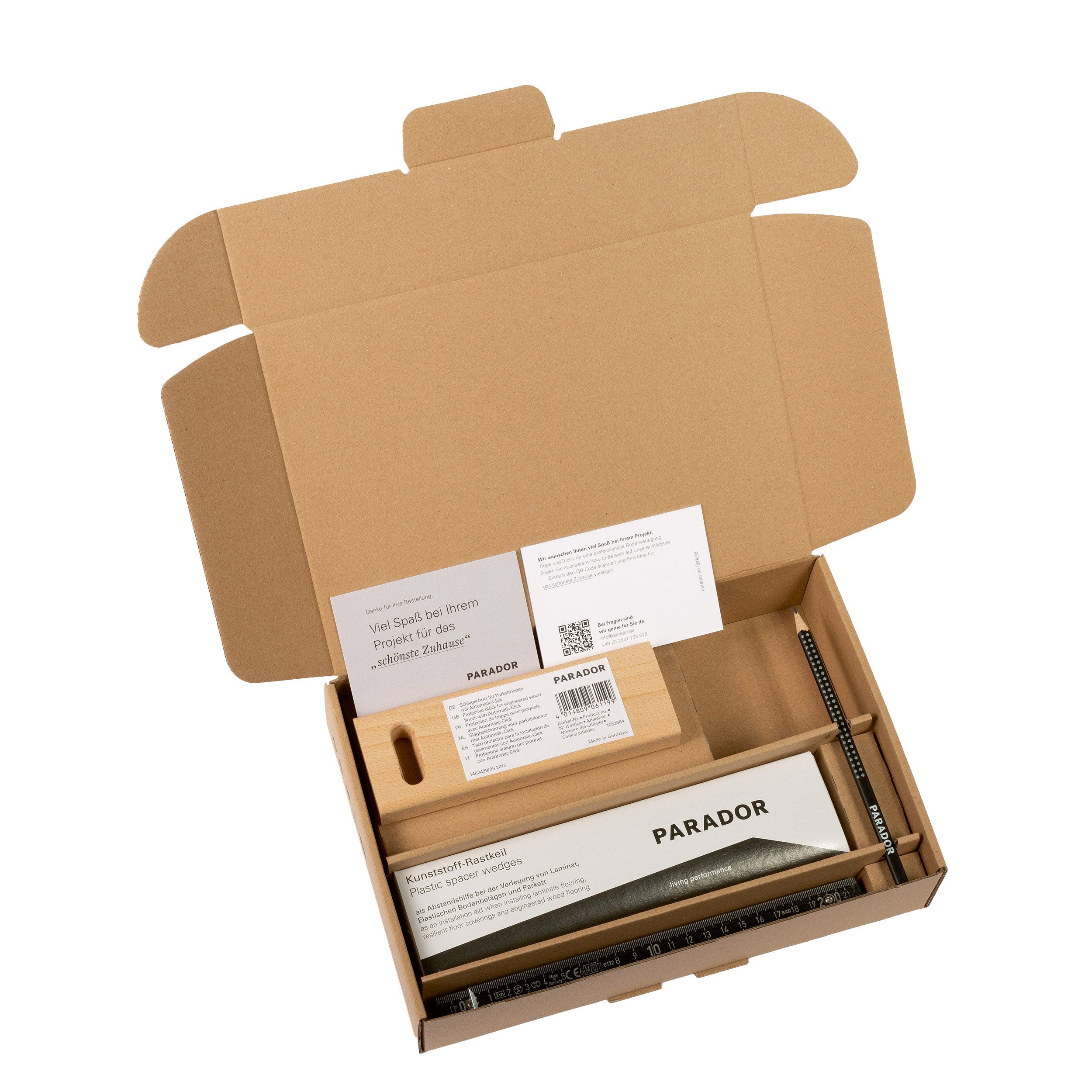 PARADOR Verlegeset Parkett, B: 29 cm, L: 20 cm, (Verlegeset Parkett, 4-tlg., in einer praktischen Aufbewahrungsbox), wieder verwendbar
