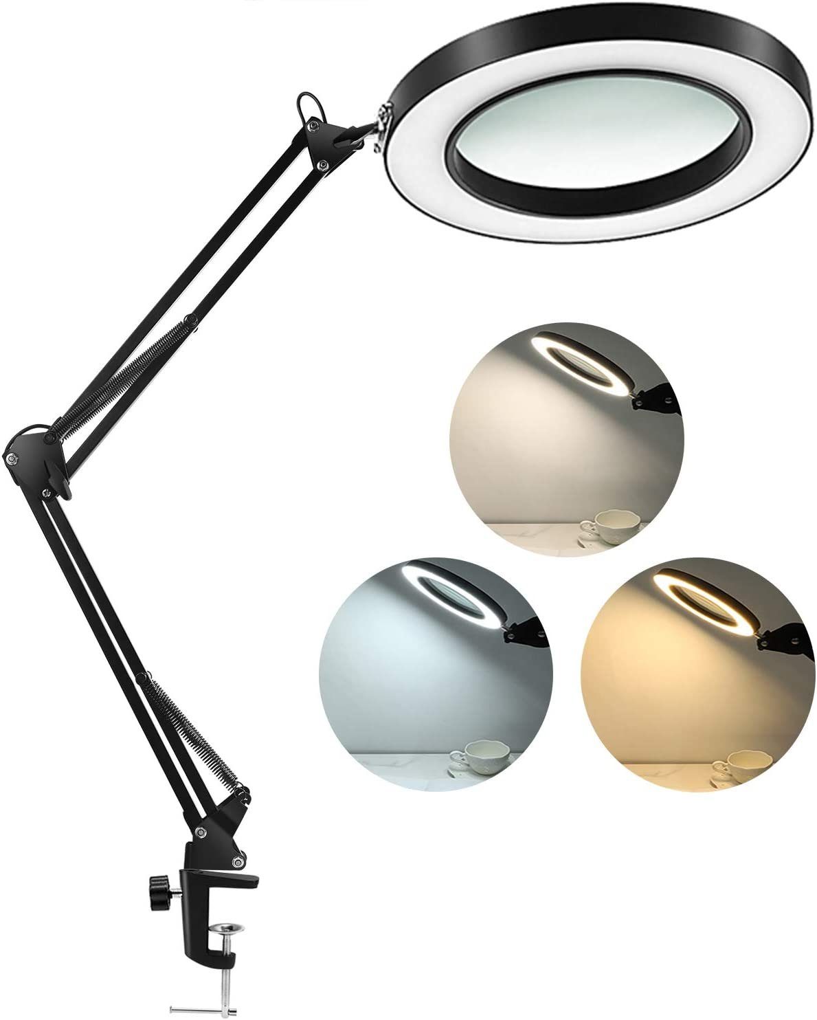 Mmgoqqt Lupenlampe »LED Lupenleuchte, Arbeitsplatzlampe,Dioptrien Lupe mit  Licht - mit Klemme, Schwenkarm, Dimmbar, Basteln - 2.25fache Vergrößerung«