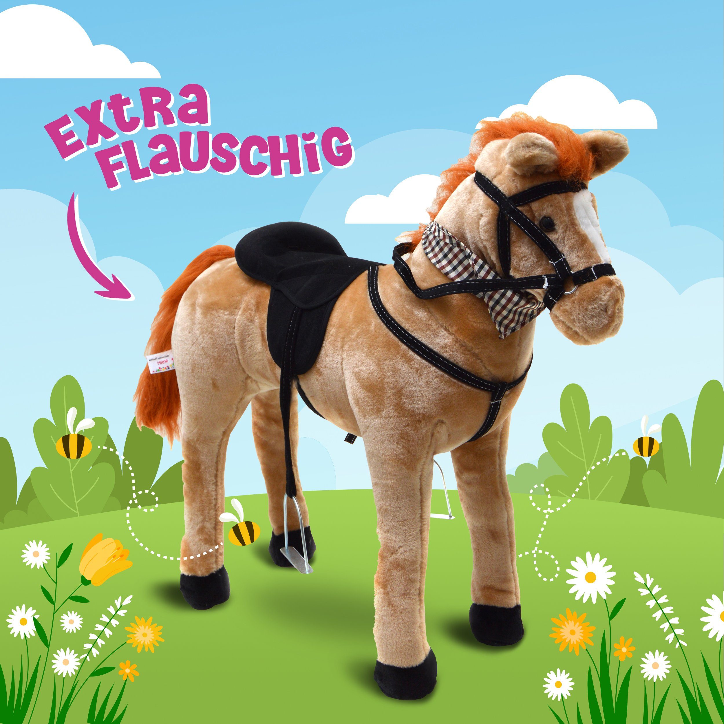 Pink Papaya Stehpferd Spielpferd zum Reiten für Kinder 65 / 75 cm Plüschpferd, Kuscheliges Stehpferd für Kinder, handgefertigt