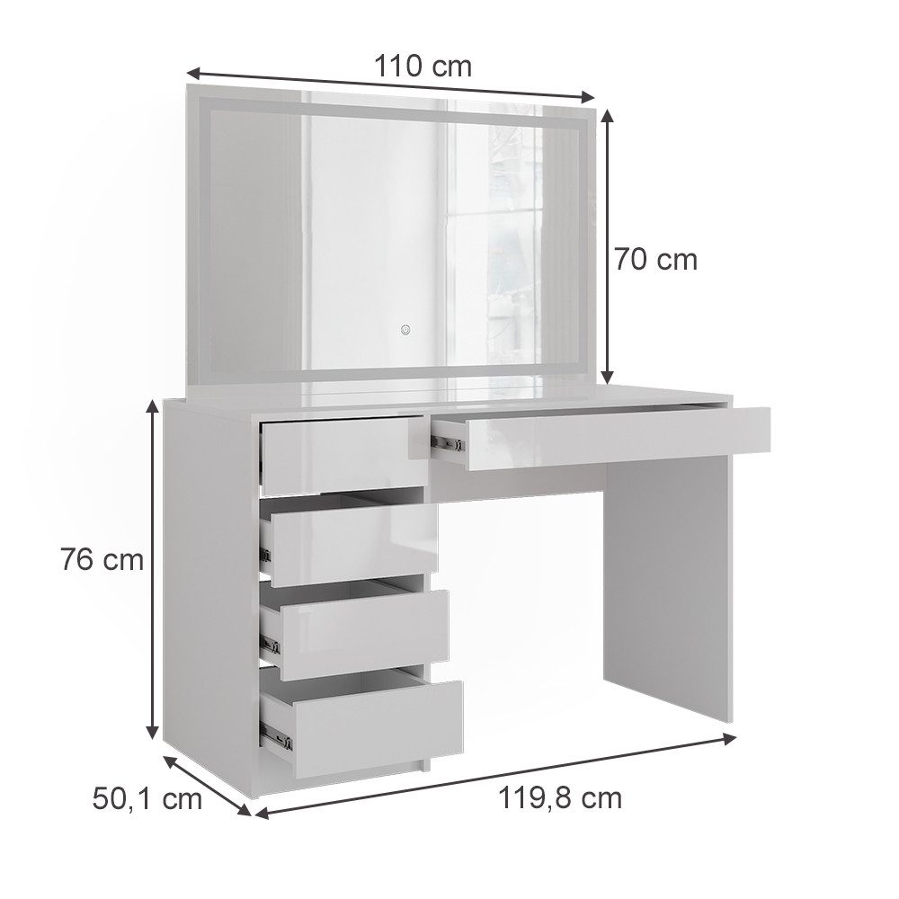 Vicco Schminktisch Sherry, Weiß/Weiß Hochglanz, 119.8 cm mit LED-Spiegel (2-St)