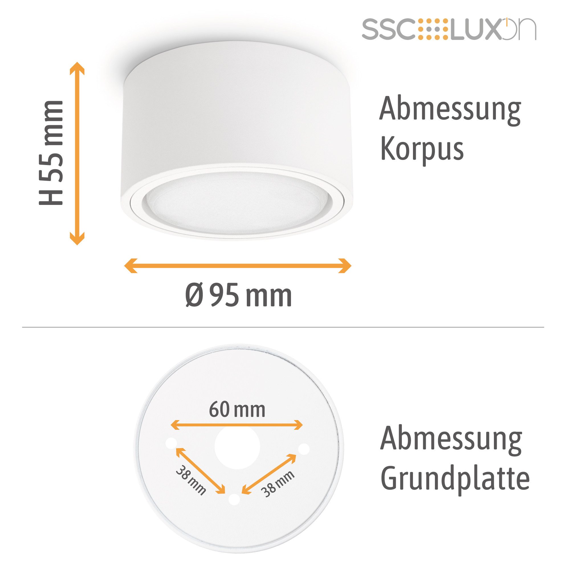 SSC-LUXon LED Aufbaustrahler CELI-X Aufbauleuchte flach dimmbar rund weiss mit LED GX53 6W, Warmweiß
