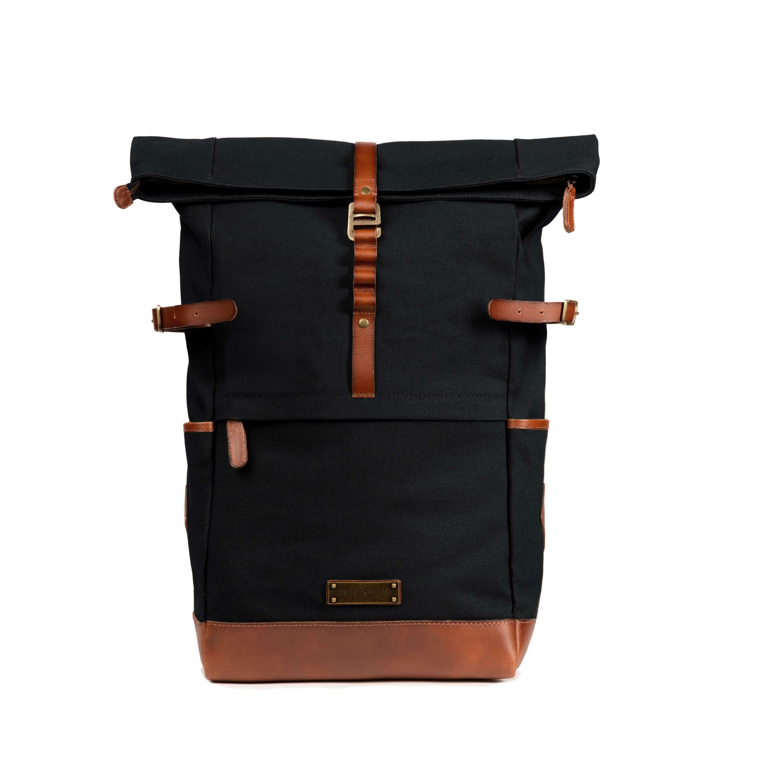 DRAKENSBERG Rucksack Roll-Top »Wyatt« Schwarz, Outdoor-Rucksack aus imprägniertem Canvas mit Leder, 15" Laptopfach