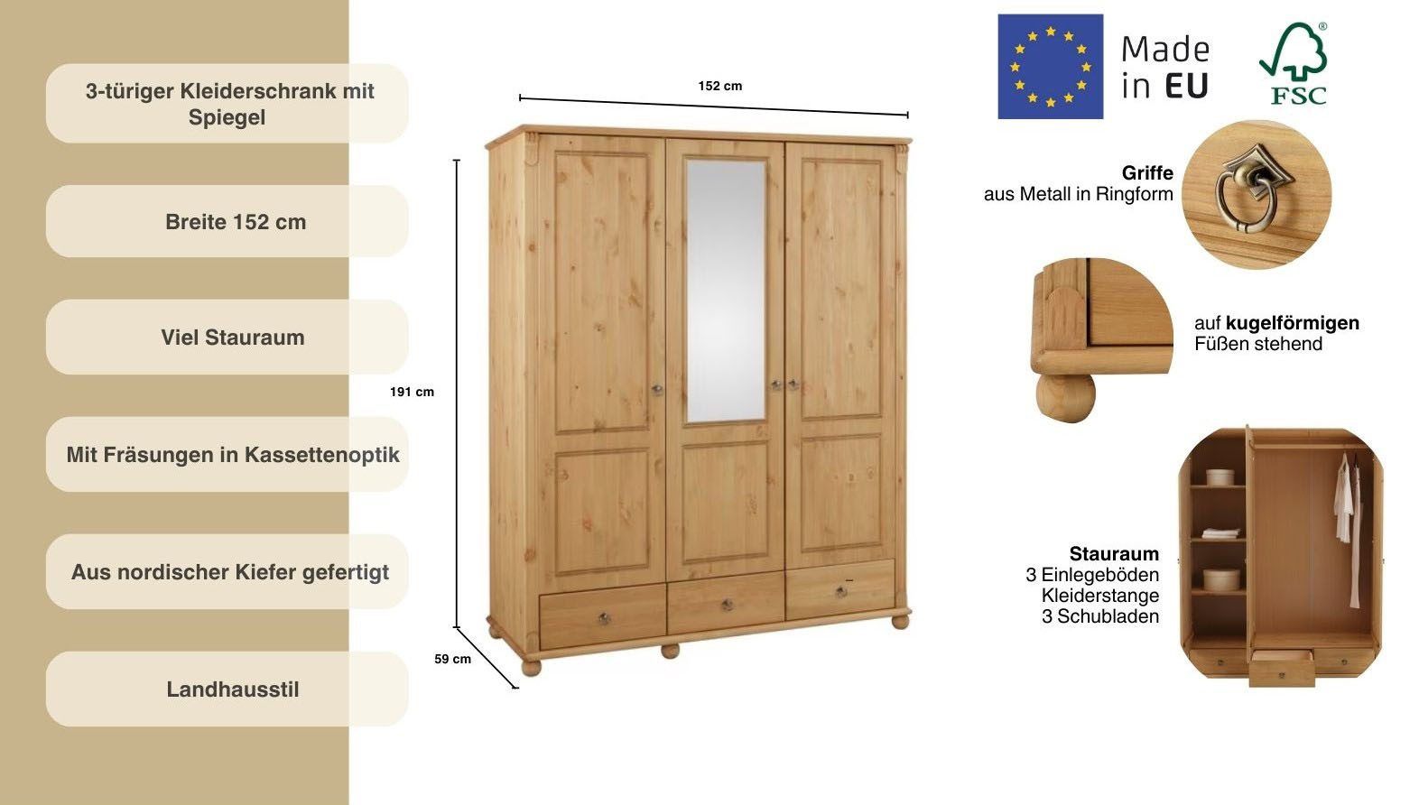 OTTO home Kleiderschrank Tessin, Dretürenschrank, 3-türig (B/H/T ca. 152/191/59 cm) Breite 152 cm, Kiefer massiv, mit Spiegel und 3 Schubladen