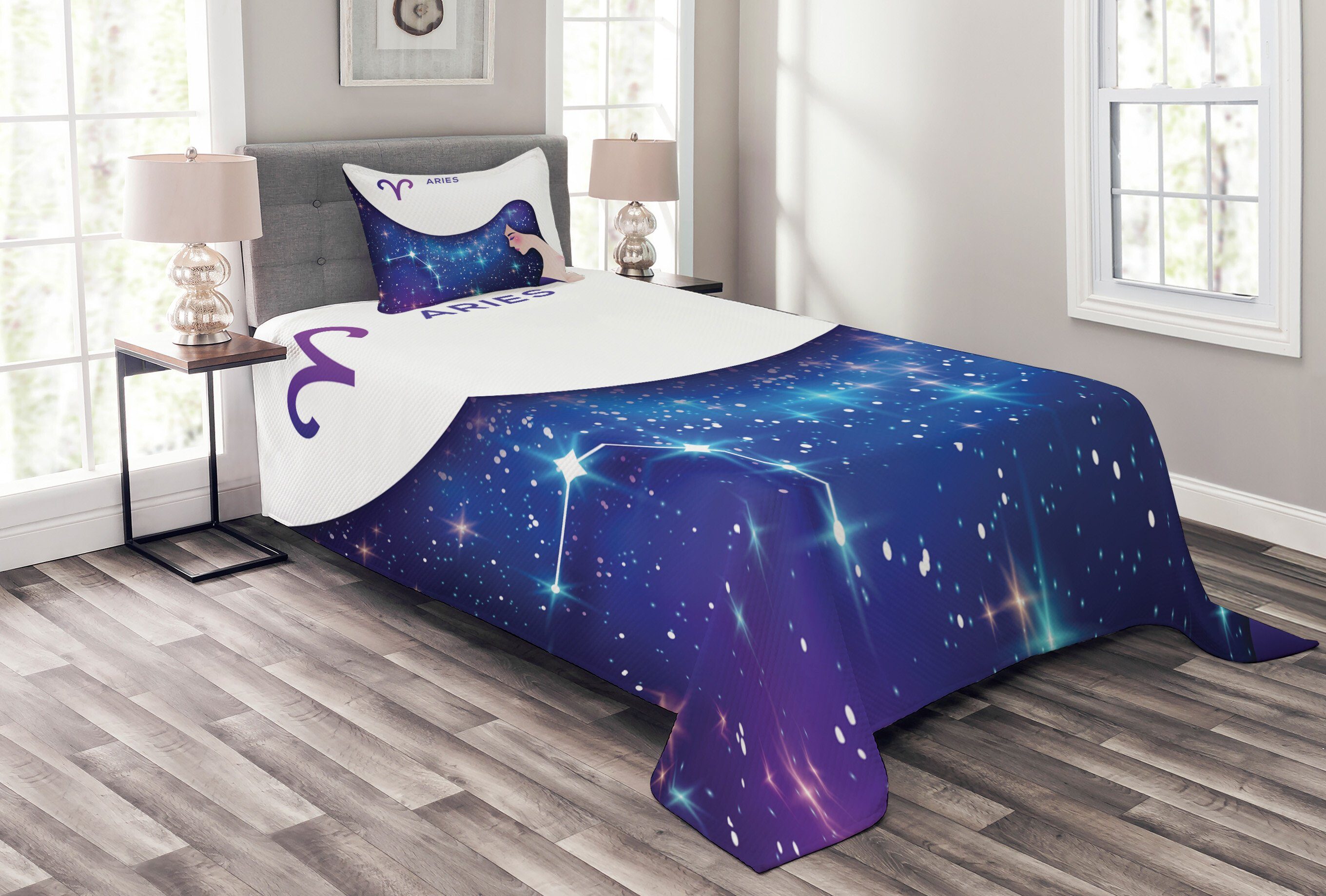 Tagesdecke Set mit Kissenbezügen Waschbar, Abakuhaus, himmlisch Widder-Tierkreis Galaxie-Mädchen