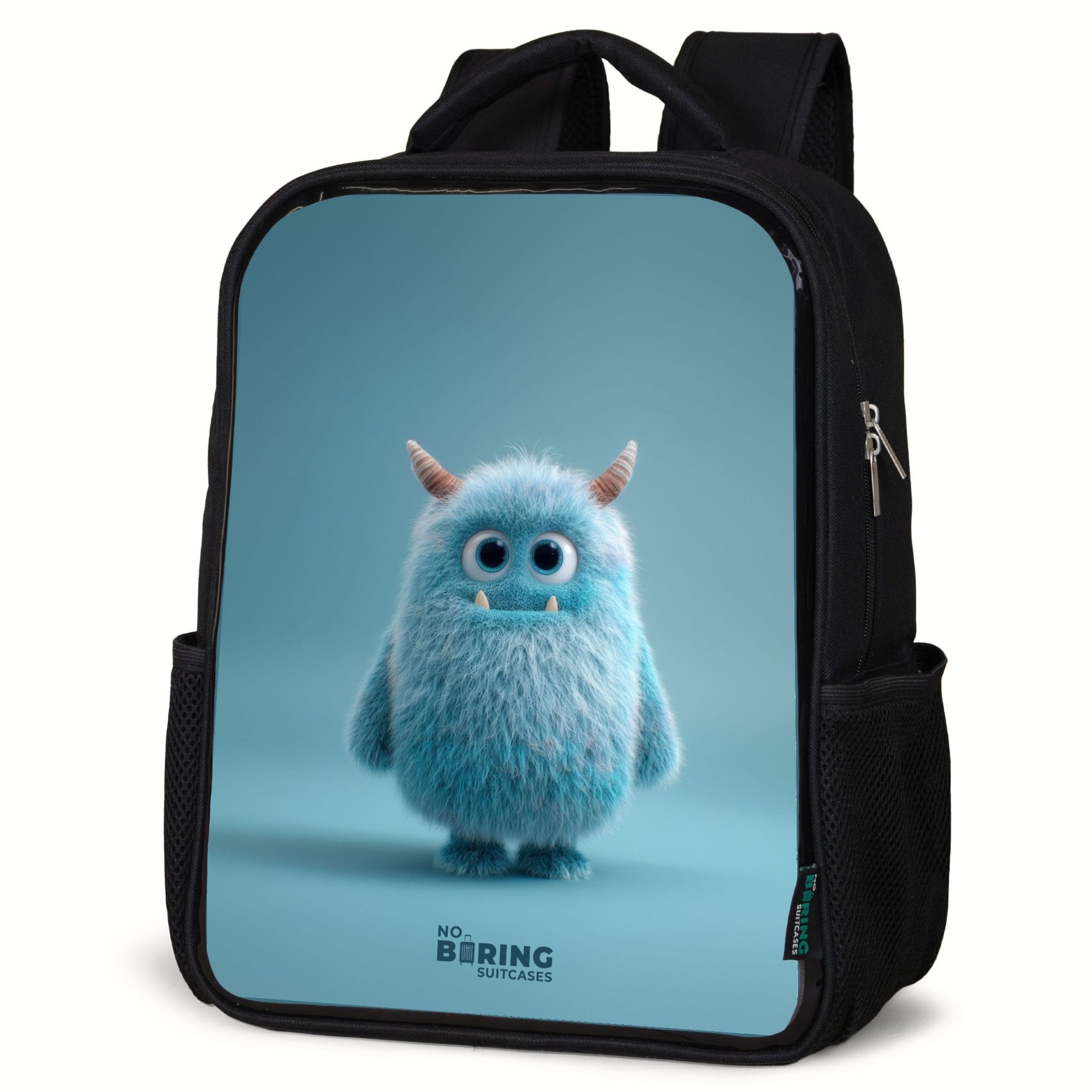 NoBoringSuitcases.com© Rucksack Blaues Plüschmonster mit Hörnern, Kinderrucksack Schwarz, Schulrucksack, Freizeitrucksack Jungen Mädchen