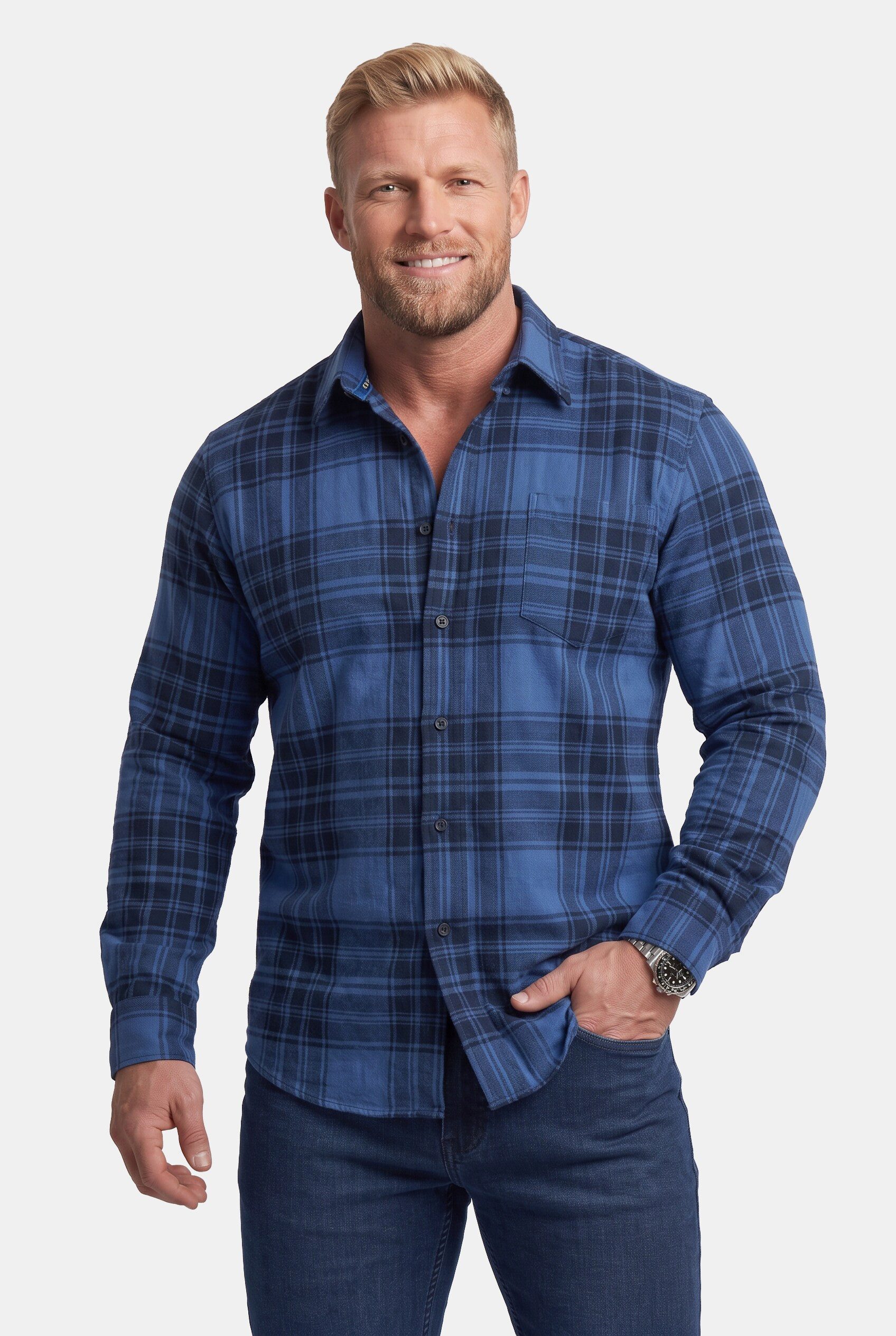 Men Plus Businesshemd Karo-Flanellhemd Langarm Kentkragen Comfort Fit