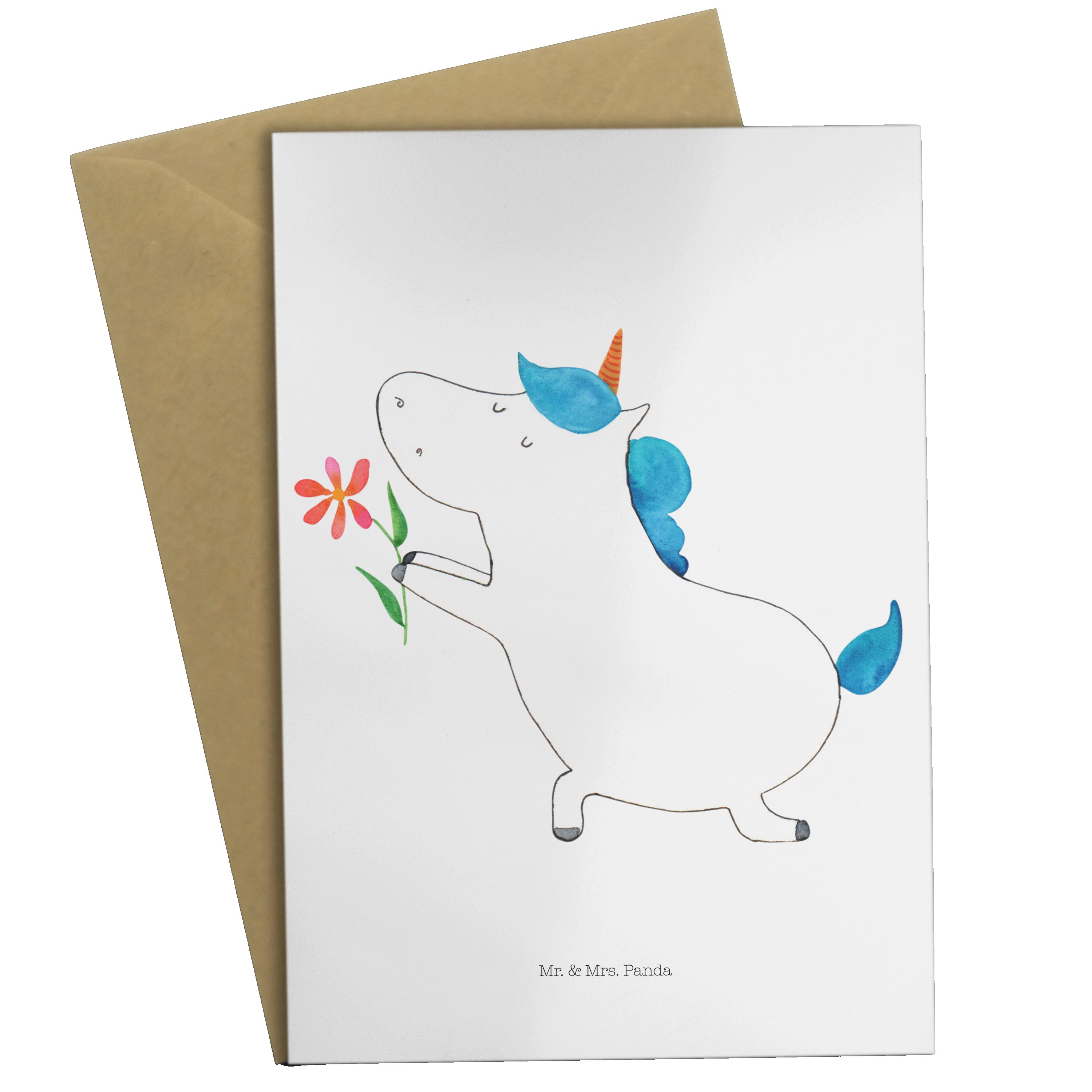 Mr. & Mrs. Panda Grußkarte Einhorn Blume - Weiß - Geschenk, Einhörner, Einladungskarte, Karte, K