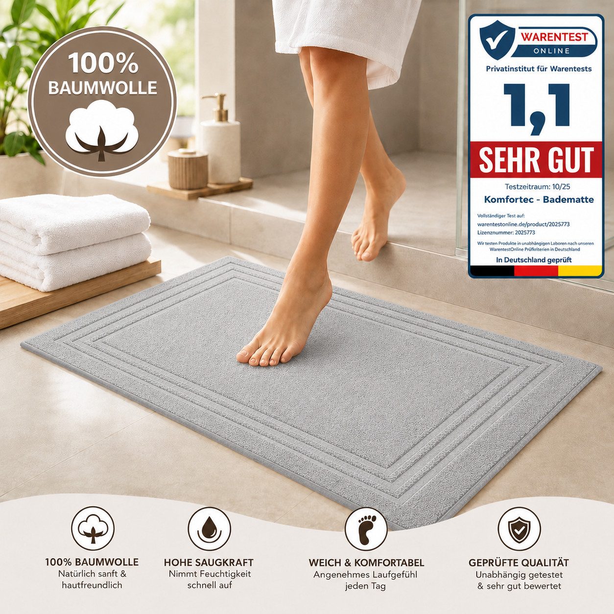 Komfortec Badematte 2er Badetuch Set aus 100% Baumwolle 50x70 cm Extra Weich & Saugstark, Rechteckig, 600 g/m² – Bild 4 von 5