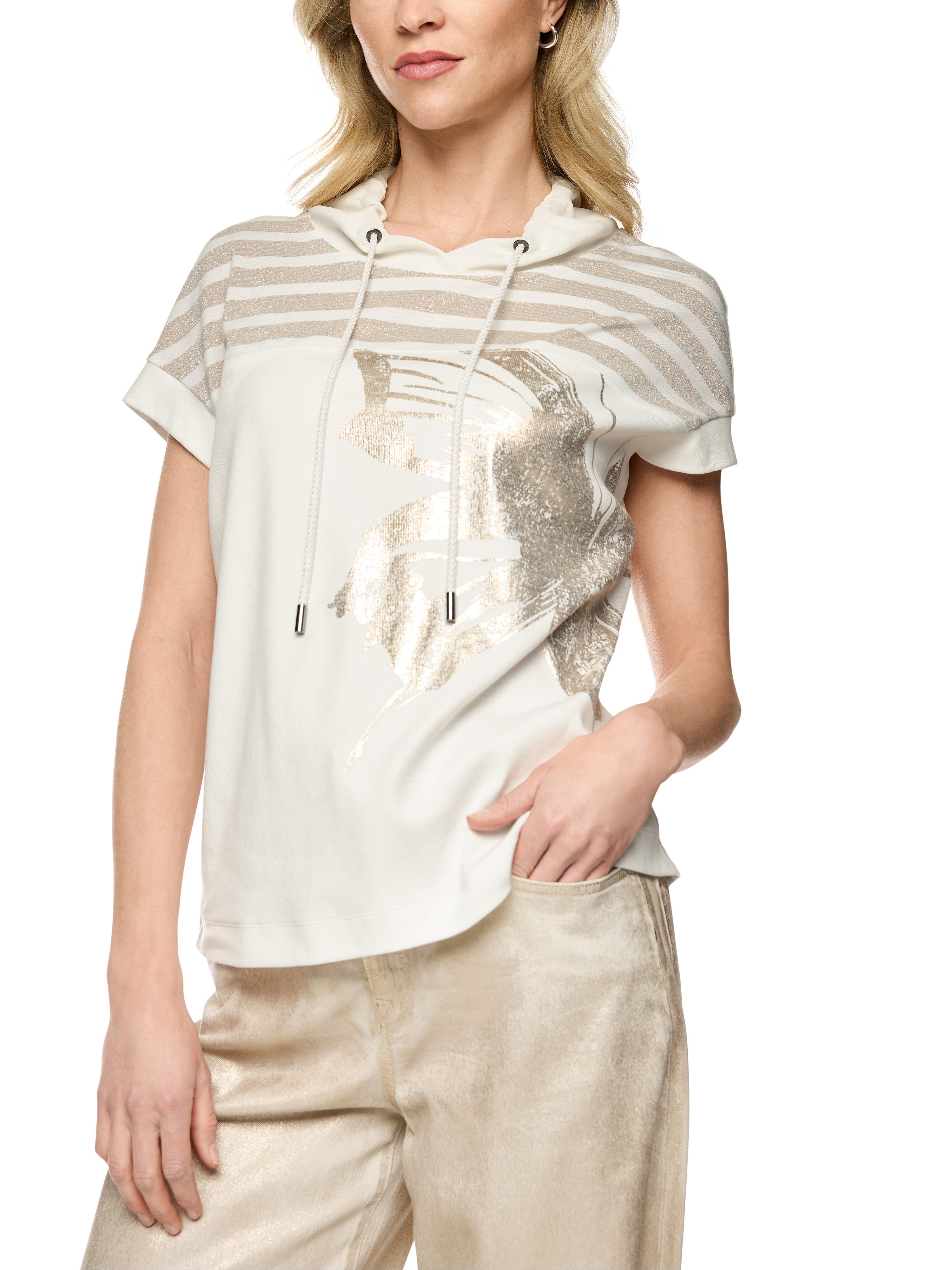 Marc Cain Shirtbluse Golden Hour Premium Damenmode mit Lurex und Gold-Print
