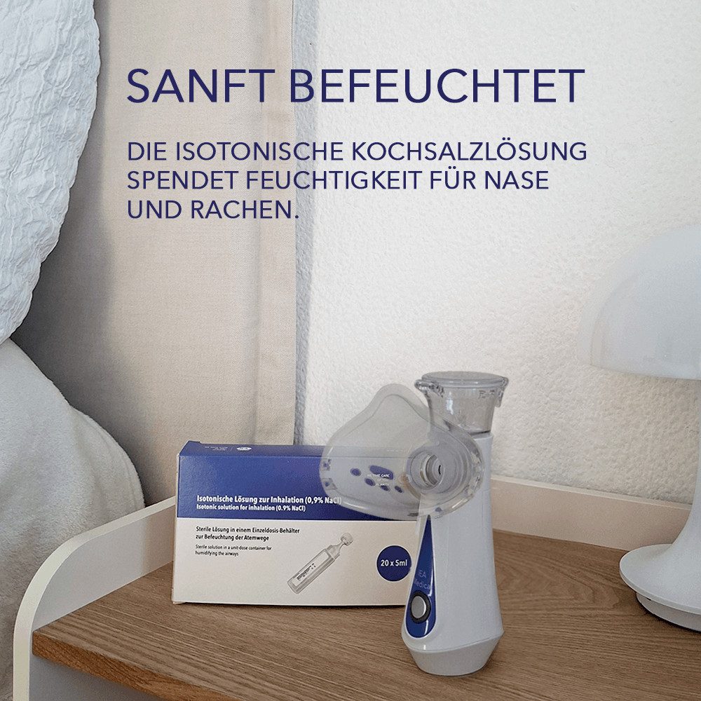 IEA Medical Inhalationsgerät Inhalator Set mit Schutztasche & 20er 0,9 % NaCl Kochsalzlösung, Komplettset für unterwegs: Inhalator, Tasche & sterile Einzeldosen