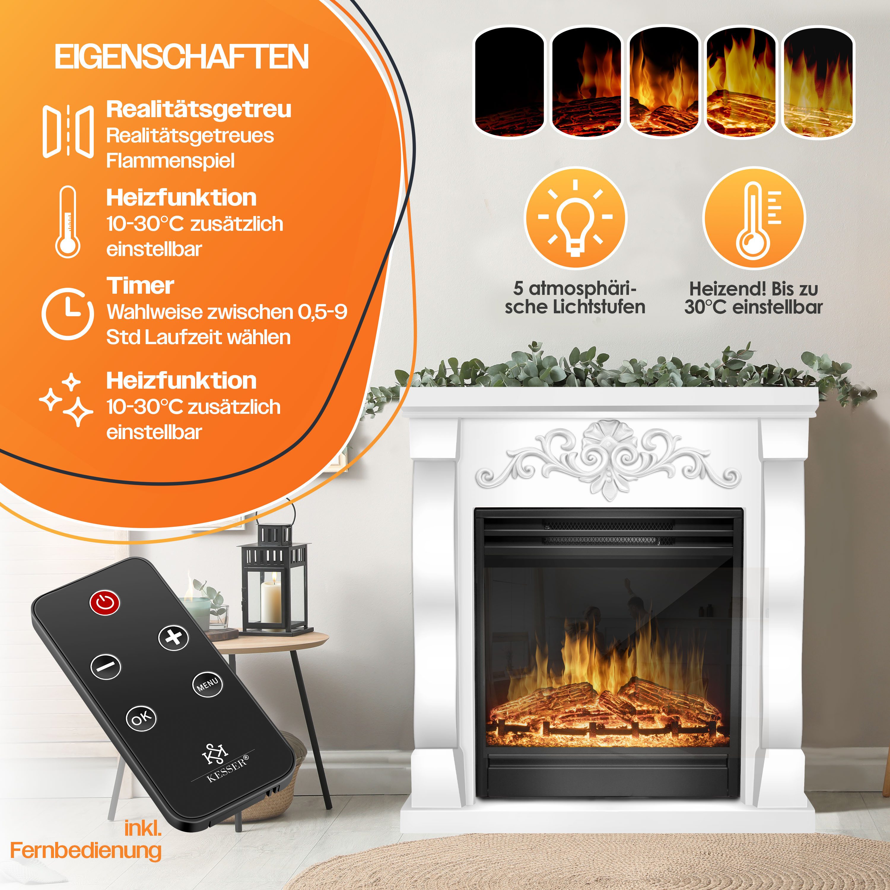KESSER Elektrokamin, Elektrokamin Standkamin Kamin elektrisch mit LED 3D-Flamme