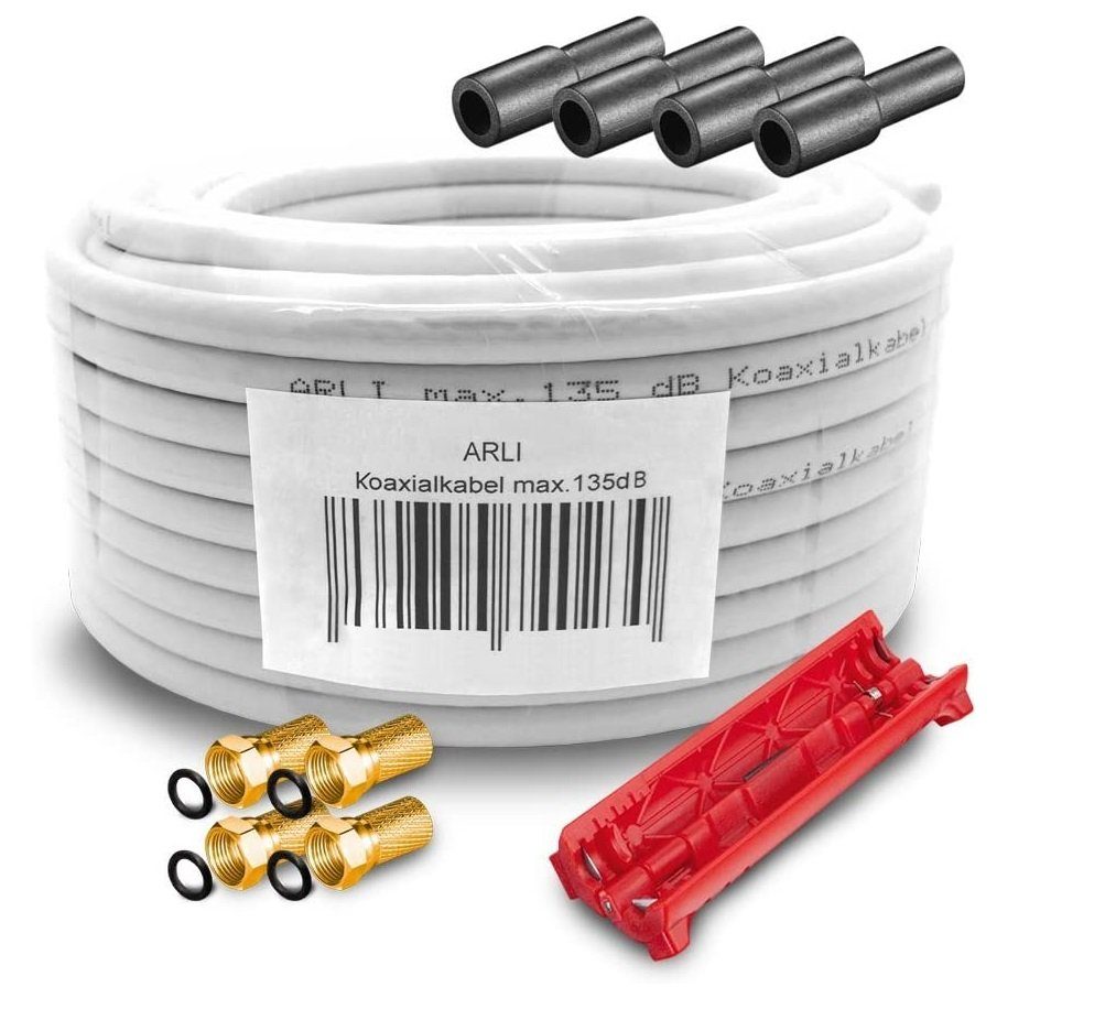 50m Koaxialkabel + 4x F-Stecker + 4x Gummitülle + Abisoliermesser TV-Kabel