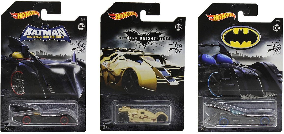 Hot Wheels Spielzeug-Auto Hot Wheels Batman Batmobil 3er-Set mit roten und blauen Felgen, Tumble