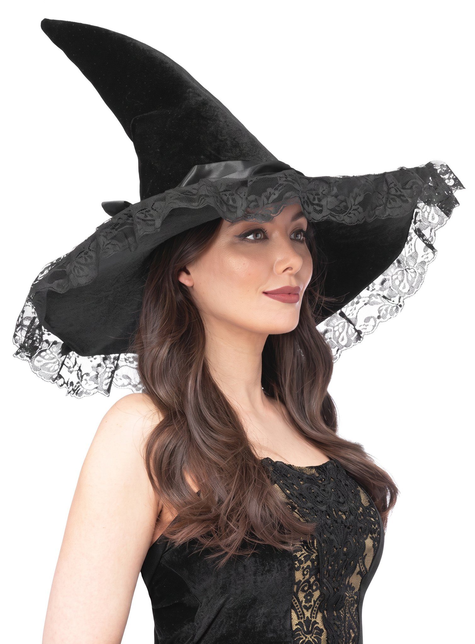 Smiffys Hexen-Kostüm Hexenhut mit Spitze - Halloween Kostümaccessoire, Schön geschwungener Hexenhut mit Verzierungen