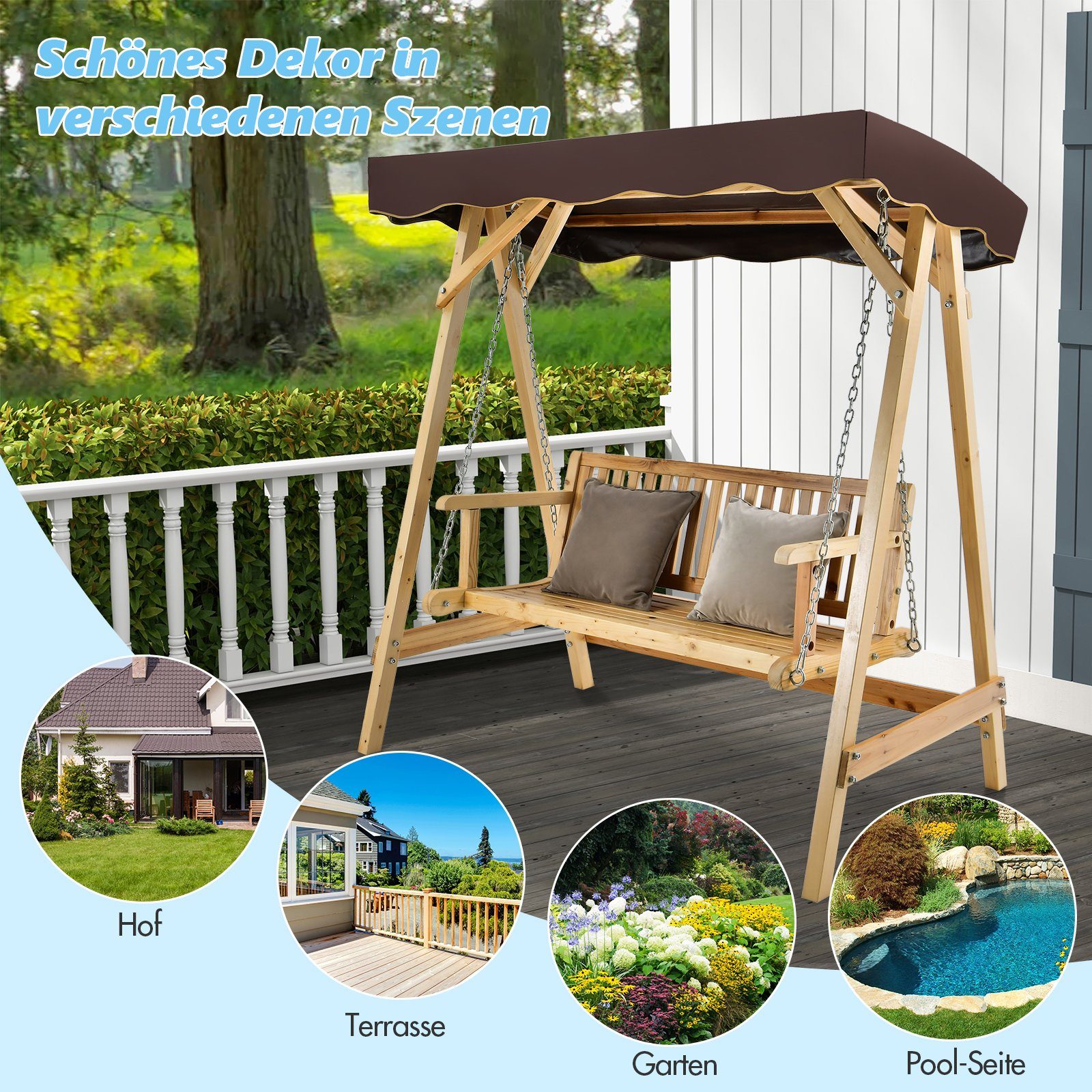 COSTWAY Hollywoodschaukel 2-Sitzer - Garten Schaukelbank Mit Sonnendach Bis 300kg