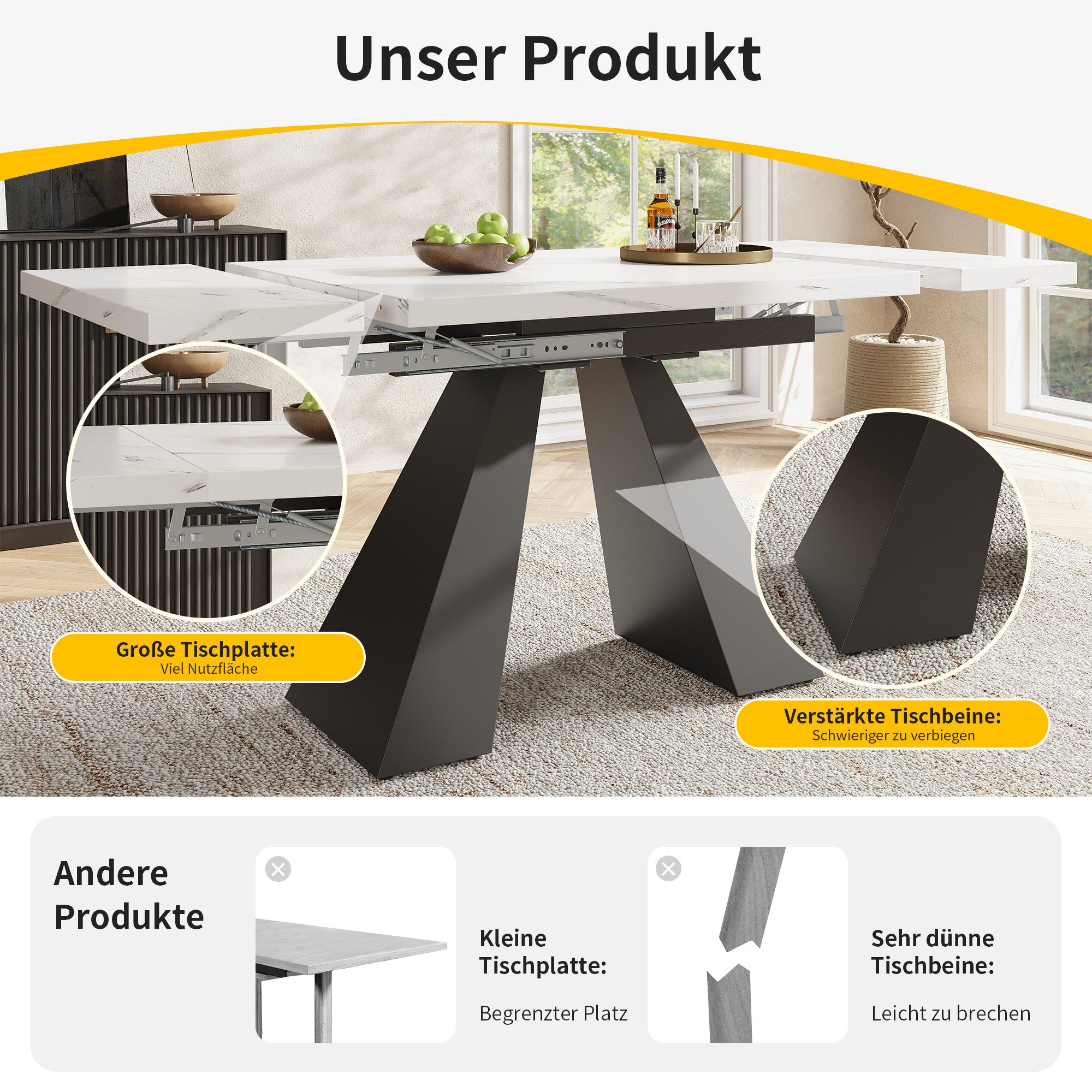 STILVORA Esstisch mit Säulenbeinen,Ausziehtisch Küchentisch mit Marmorierte MDF-Platte (Teleskoptisch Esstisch (99-159×74 cm), Ausziehbar mit Marmoroberfläche, Flexible Größe für Homeoffice & Wohnzimmer, Weißer MDF Tisch mit Carbonstahl-Beinen, Platzsparend & Stabil, Mit Schiebesystem & Verstellbarer Höhe, 1-St., 99-159 cm)