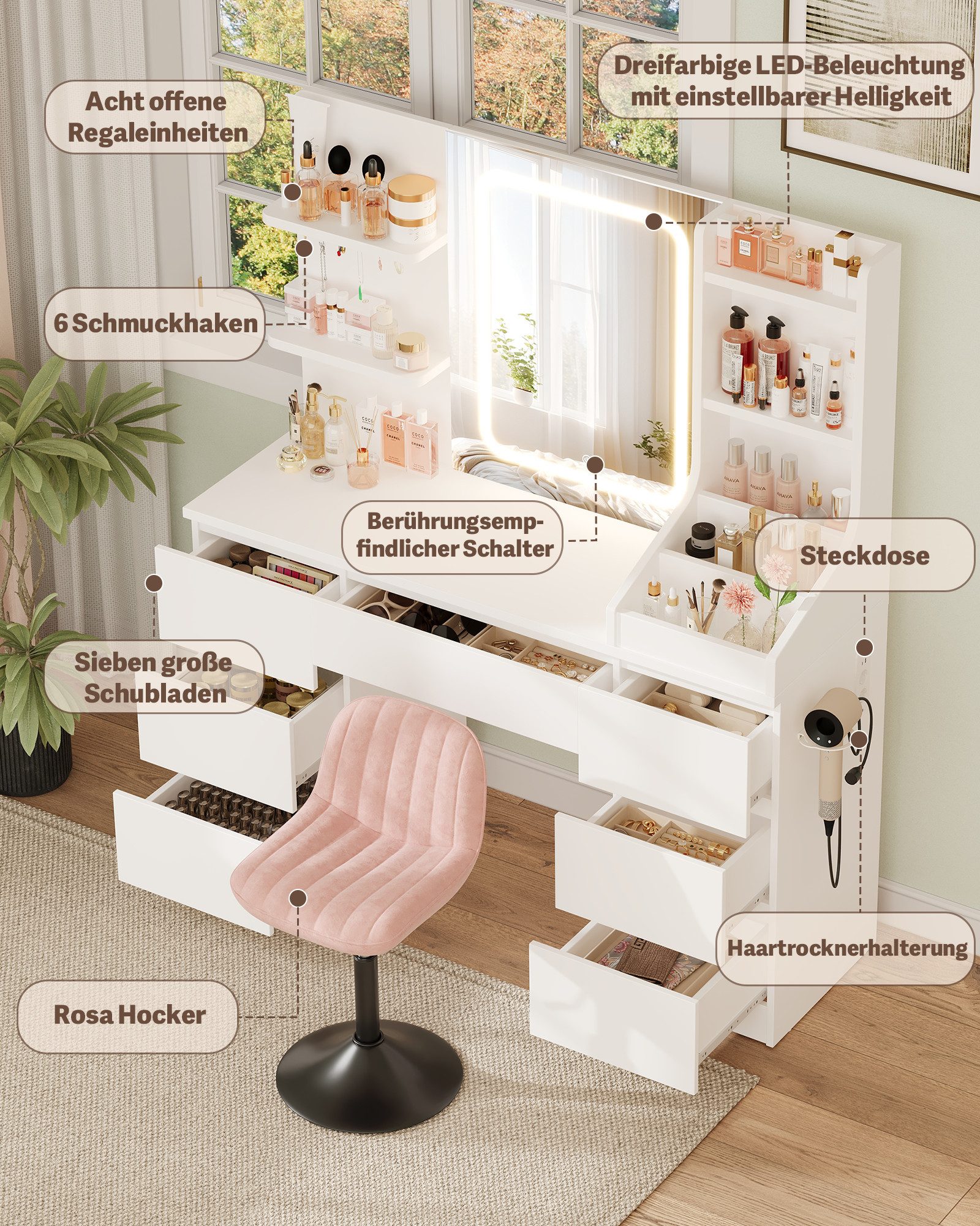 HOMALL Schminktisch Spiegel mit LED-Beleuchtung, 7 Schubladen (Maße: 110 × 40 × 139 cm, drei einstellbare Farbtemperaturen, mit 8 offenen Ablagefächern, 6 Schmu – Bild 4 von 5