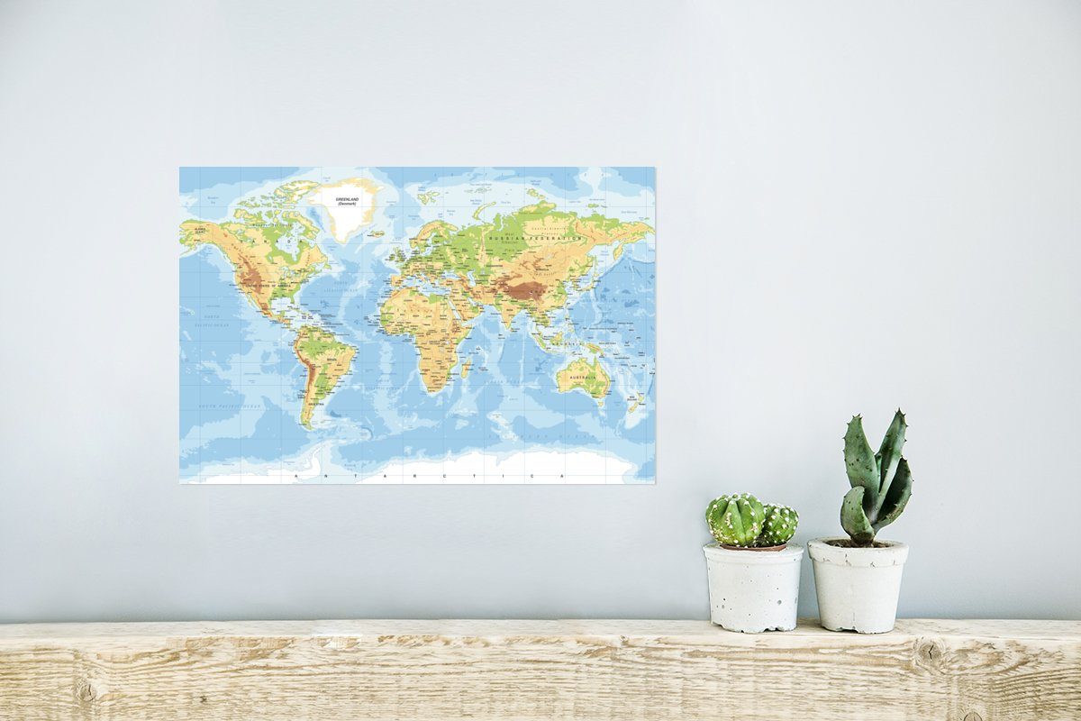 Poster, Ohne - Poster MuchoWow Rahmen Wandbild, Wandposter Atlas, Weltkarte St), (1 Geographie für Wohnzimmer, -