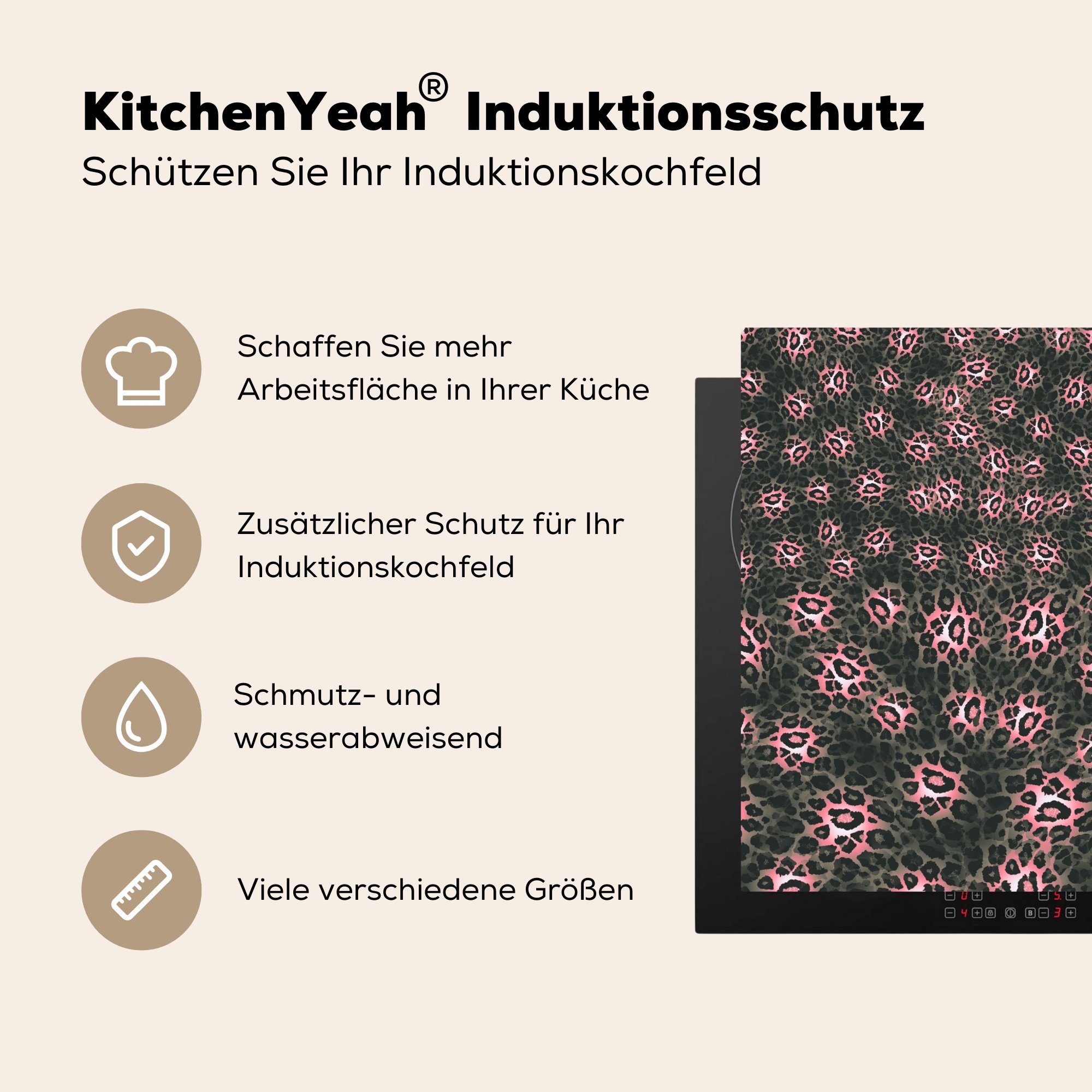 MuchoWow Herdblende-/Abdeckplatte Leopard - küche (1 Muster tlg), Tier, 78x78 - Vinyl, cm, Arbeitsplatte für Ceranfeldabdeckung