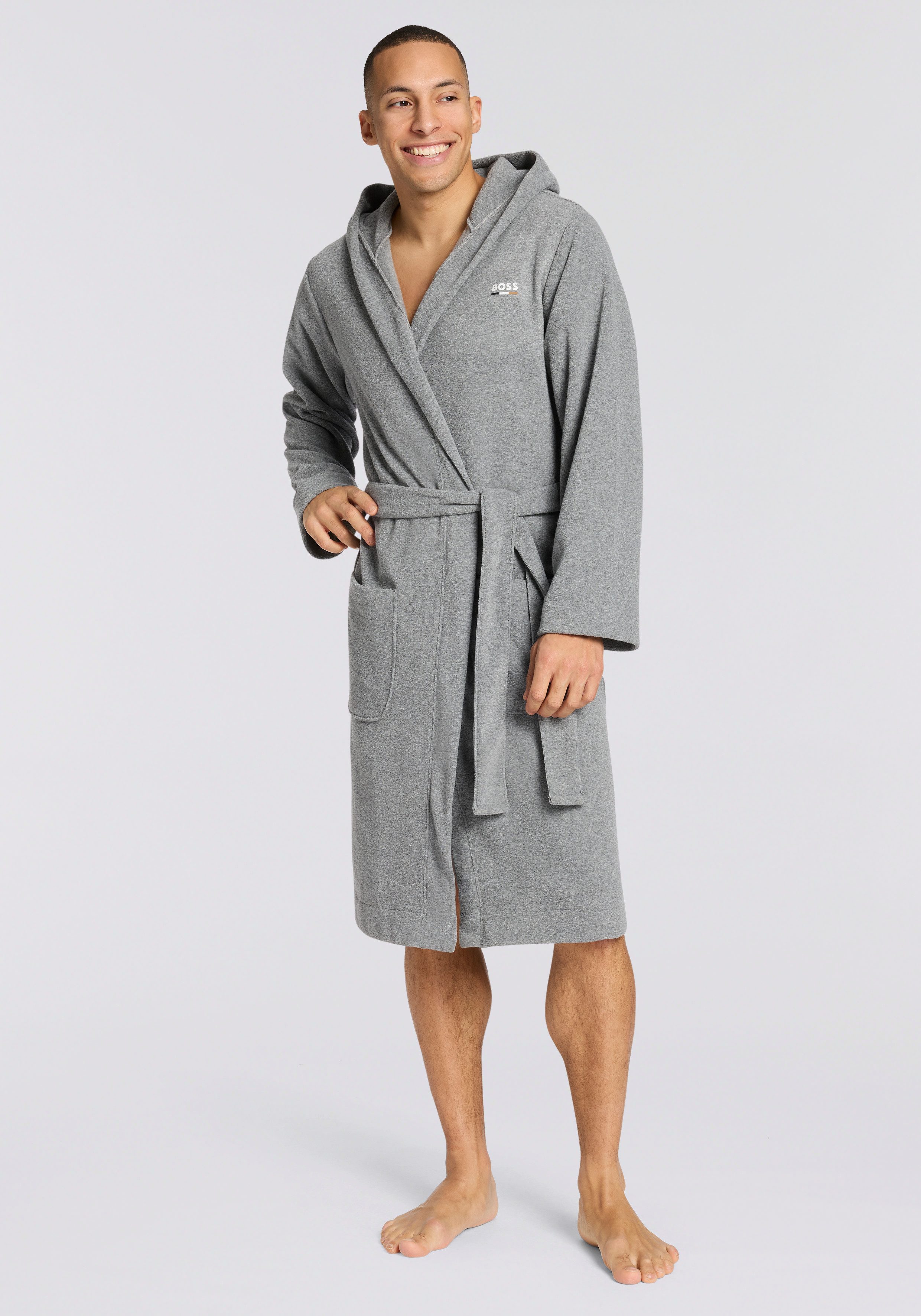 BOSS Bademantel, Wirkfrottee, Kapuze, Gürtel, mit Kapuze, weich und bequem