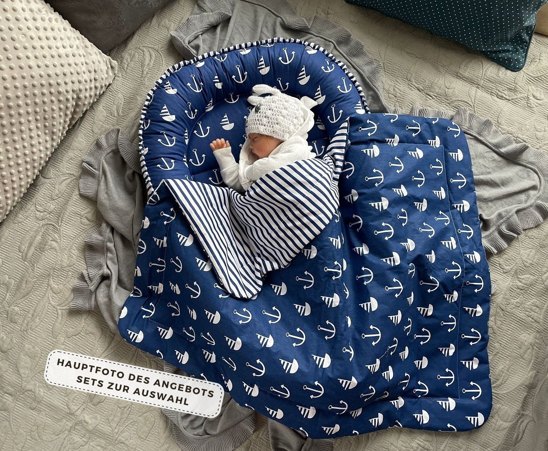 Loolay Kuschelnest BIO BAUMWOLLE BABYNEST Babykokon Neugeborene Babyaustattung Junge SET, (Kuschelnest Reisebett SOLO/ o. im Geschenk SETS, 1-tlg., 4 Jahreszeiten ANKER/ Streifen Dunkelblau Nestchen), LOOLAY® - 100% Europäische Stoffe und Kleinserien-Nähen!