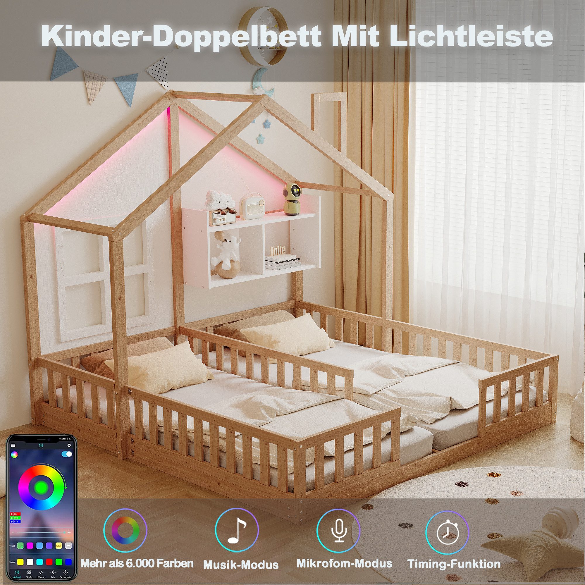 Merax Kinderbett 90×200cm Bodenbett mit LED-Licht, Jugendbett im Hausdesign (1-tlg), Doppelbett 90×200cm mit Sicherheitsgeländer, Ablagefach & Lattenrost – Bild 5 von 5