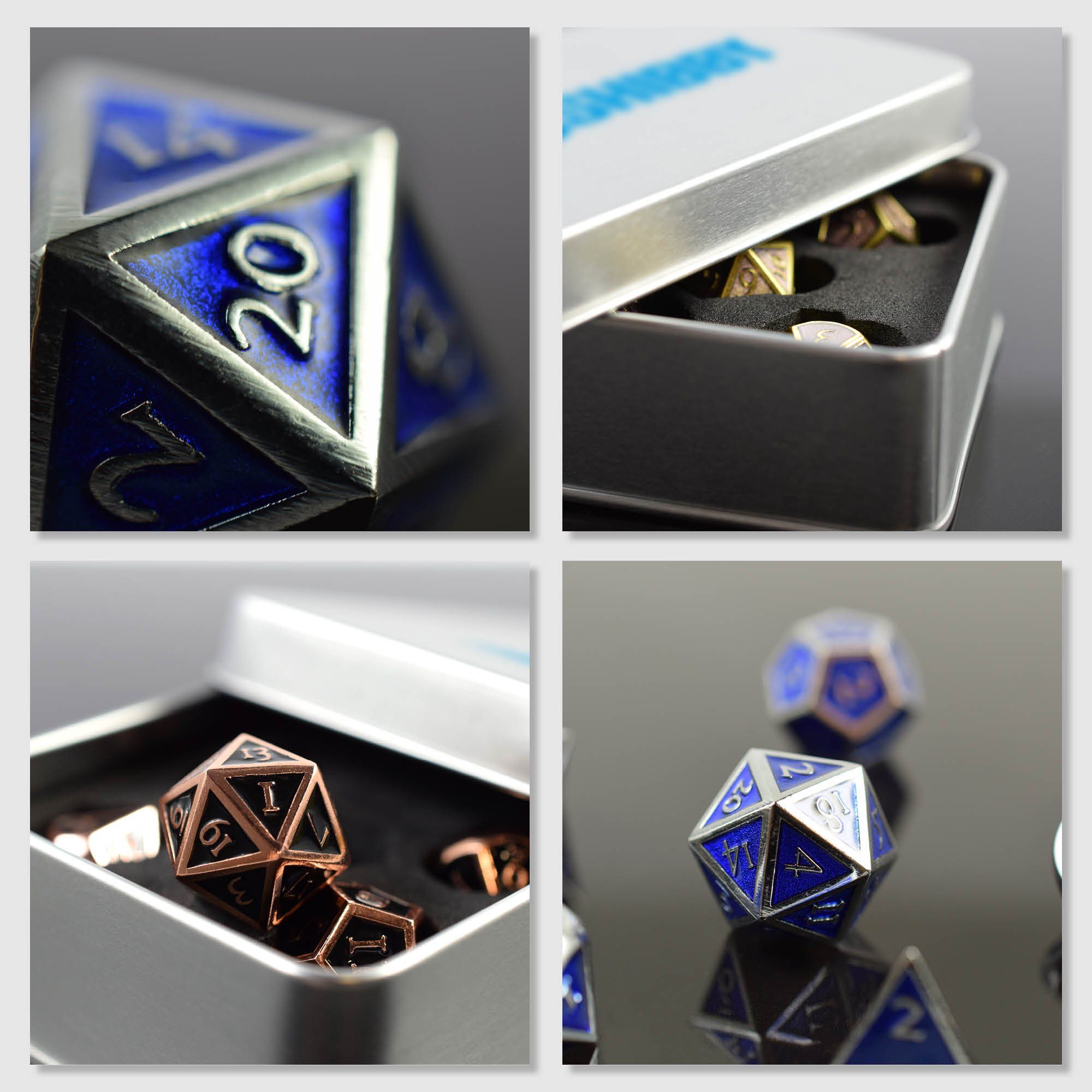 SHIBBY Aufbewahrungsbox Silber/Blau Spielesammlung, Optik, Steampunk in polyedrische 7 inkl. Metall-DND-Würfel