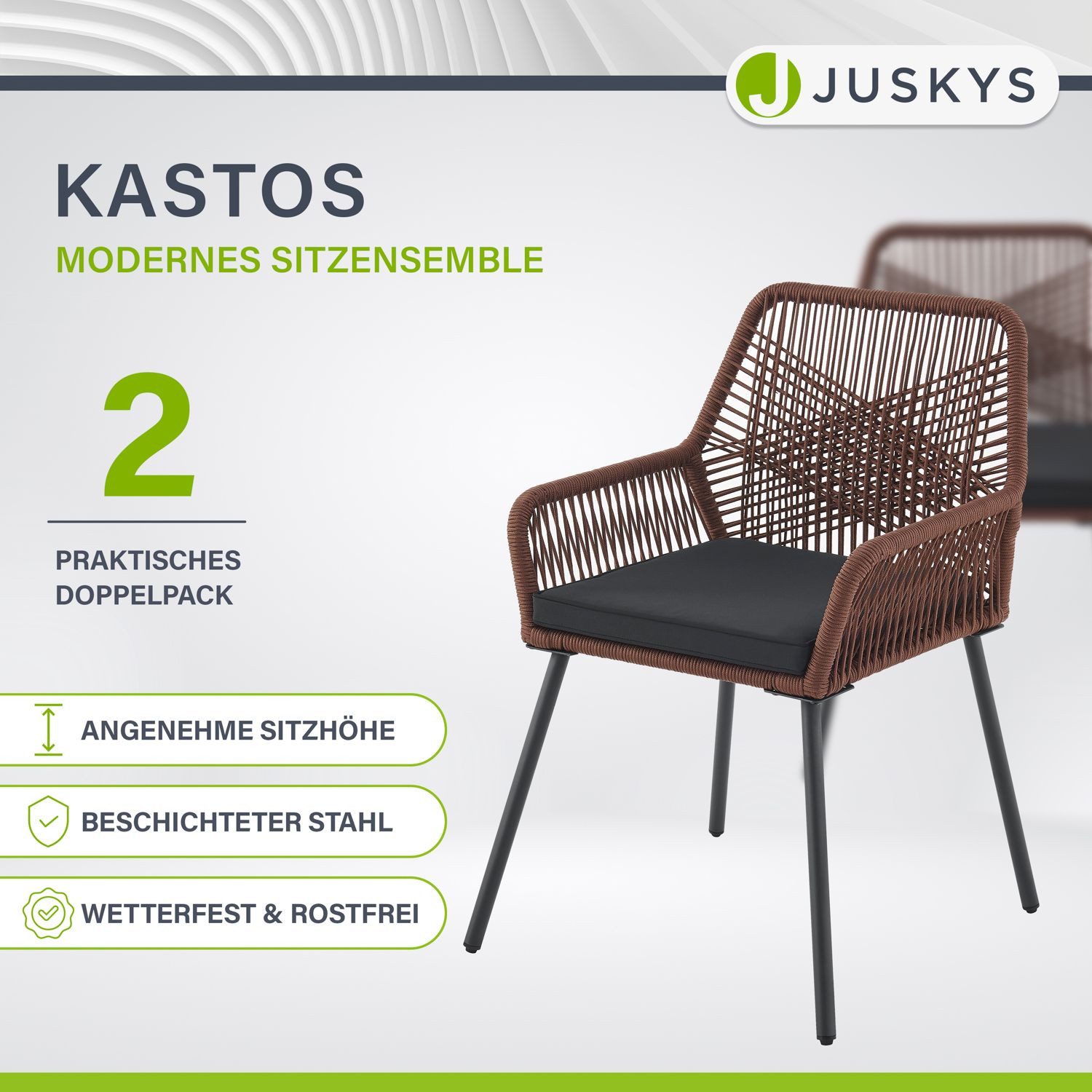 Juskys Gartenstuhl Kastos (2 St), Gartenmöbel mit Kissen, Rope Geflecht, mo günstig online kaufen