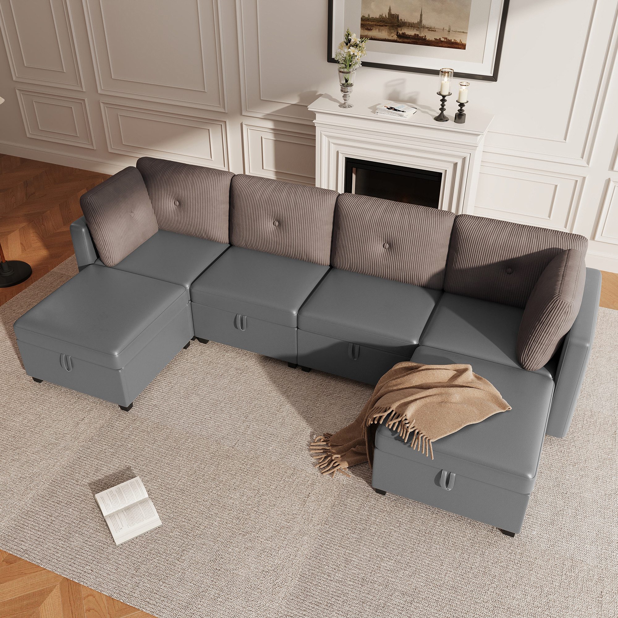 OKWISH Ecksofa 261x132,5x85cm 6-teiliges modulares U-Sofa mit Stauraum, Wandelbar in L-Form, Bett & Sessel 1 Teile, Samt/Cord-Kontrast, hochdichter Schaumstoff