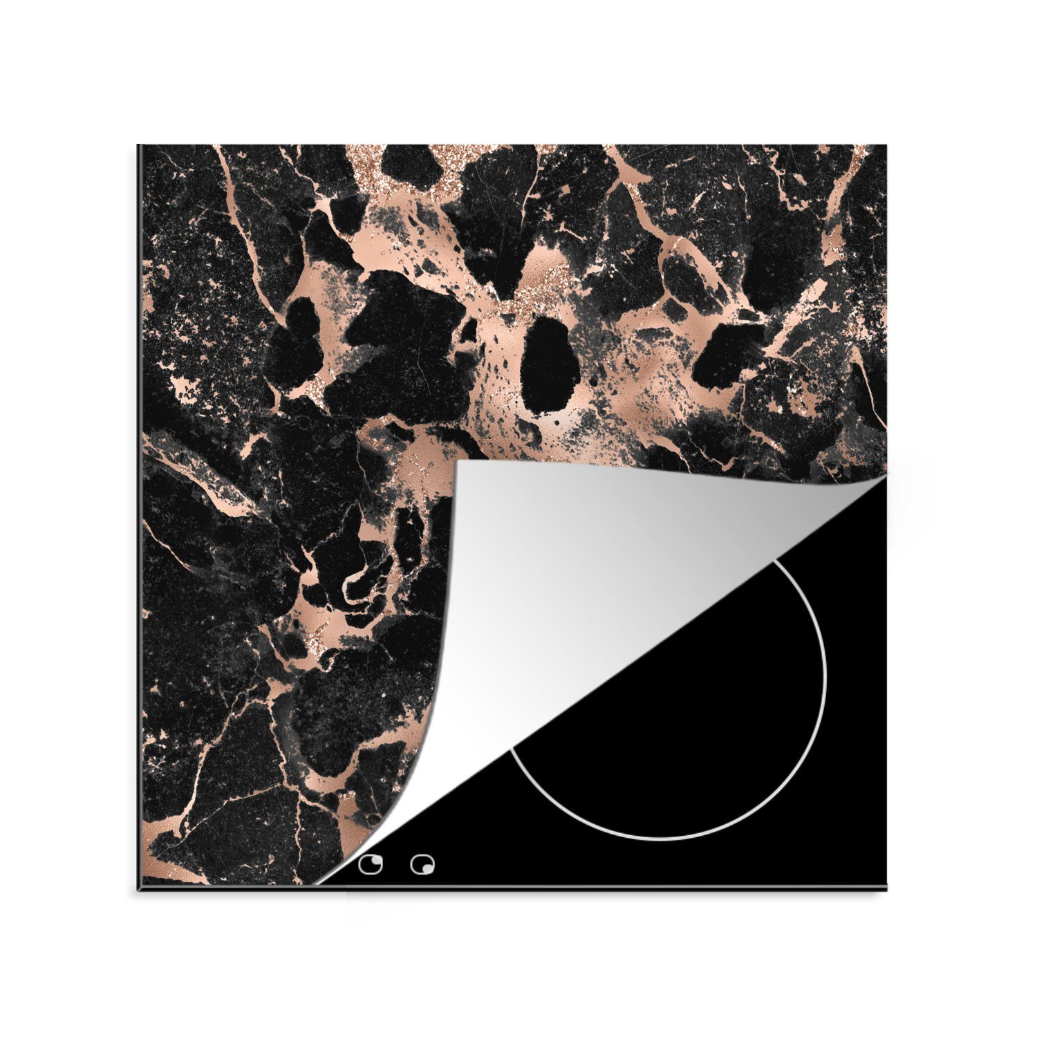 MuchoWow Herdblende-/Abdeckplatte Marmor - Schwarz - Roségold, Vinyl, (1 tlg), 78x78 cm, Ceranfeldabdeckung, Arbeitsplatte für küche