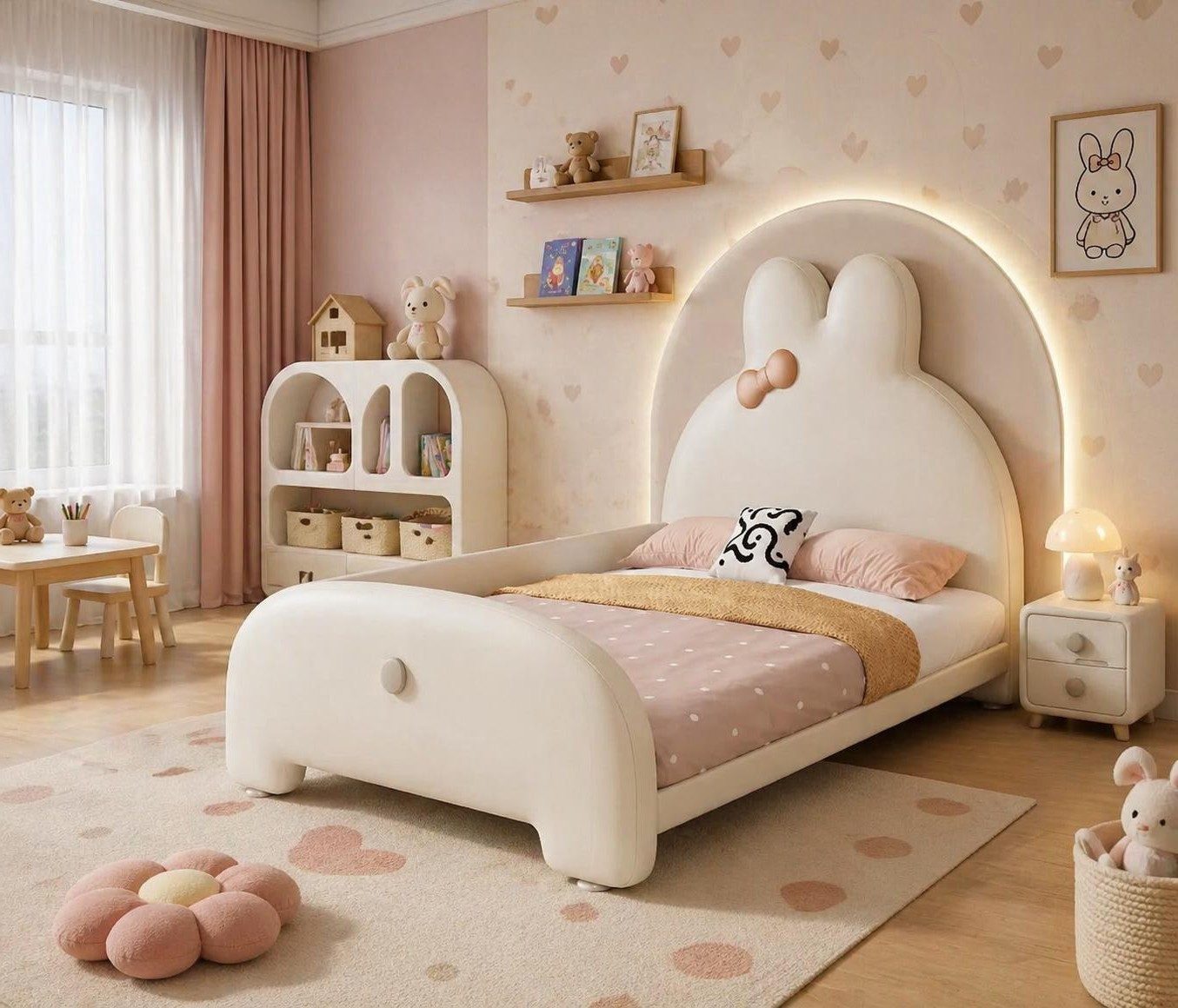 Xlmoebel Kinderbett Weißes Polsterbett für Kinder im Häschen-Design, Made in Europa