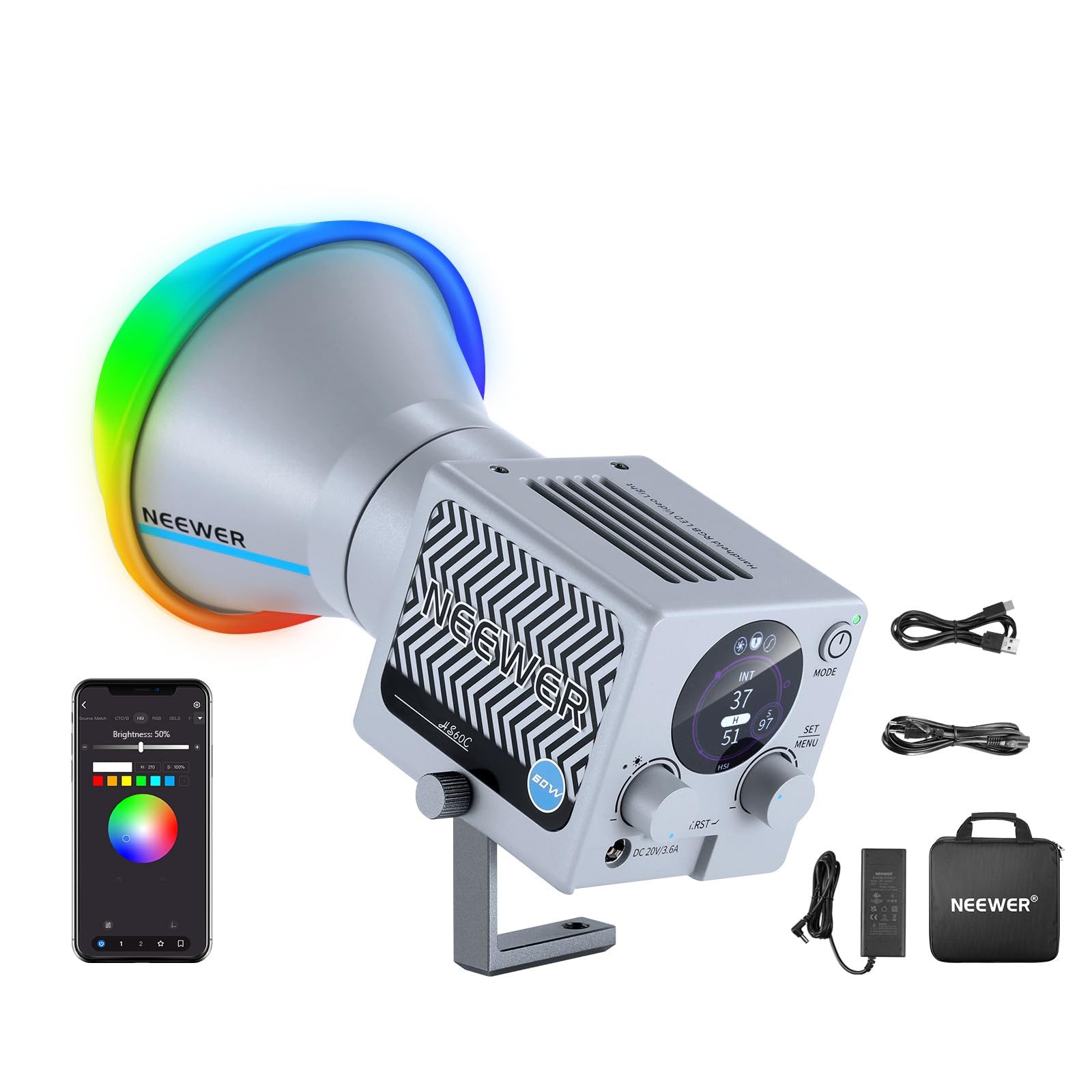 Neewer Videoleuchte HS60C 60W Tragbare RGB LED Videolicht Hand Fülllicht, 8700Lux/1m, APP/2.4G/Panel Steuerung, Dauerlicht für Studiofotografie Streaming von Neewer
