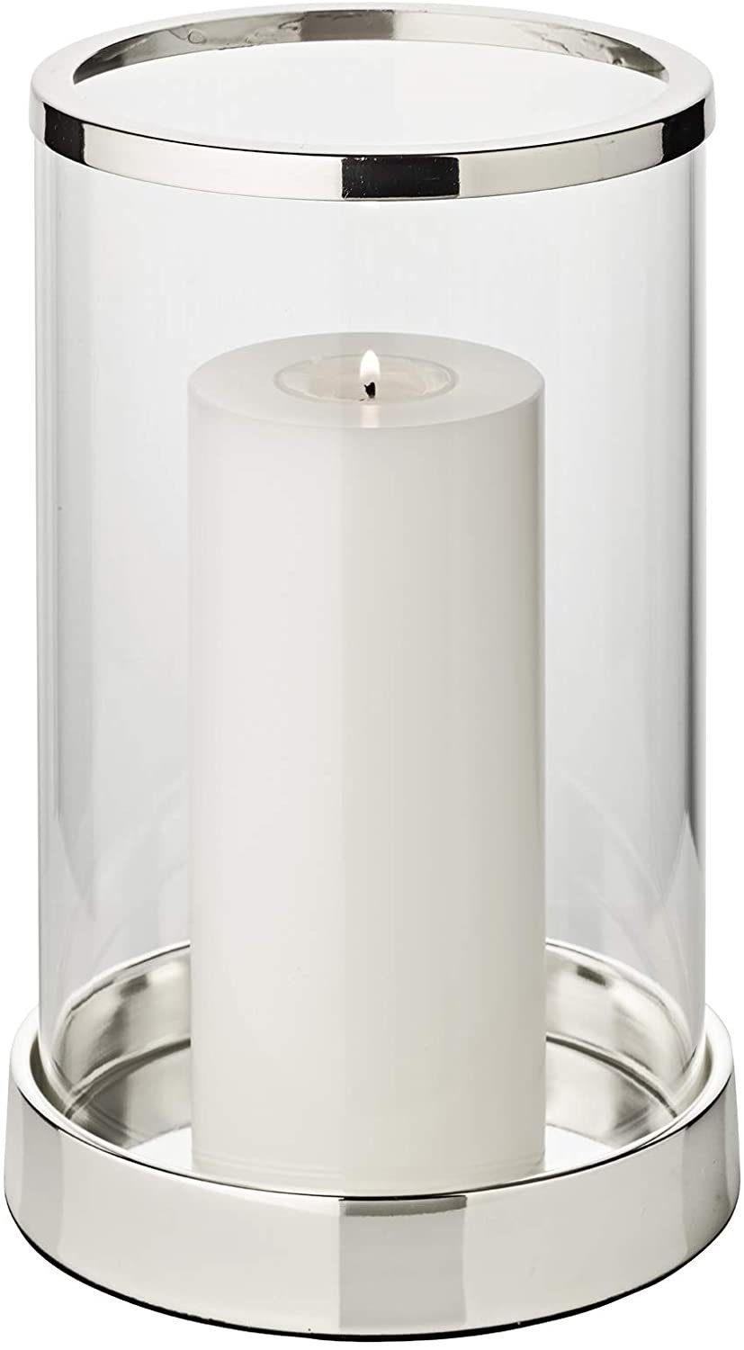 EDZARD Windlicht Sanremo, Kerzenhalter aus Glas, Kerzenleuchter für Stumpenkerzen, Laterne versilbert und anlaufgeschützt, Höhe 26 cm, Ø 16 cm