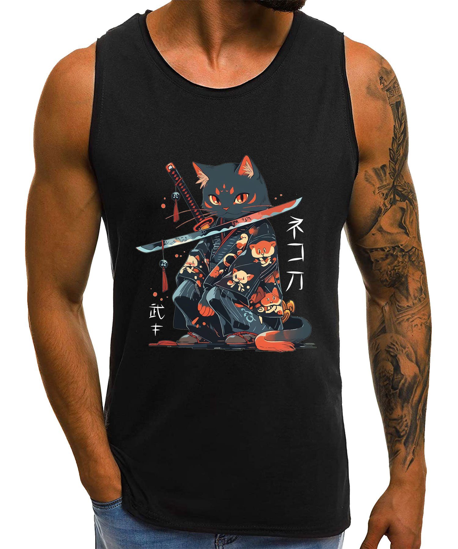 Quattro Formatee Achselhemd Japanese Samurai Ninja Cat Kawaii - Anime Japan Ästhetik Herren Tank-T (1-St)
