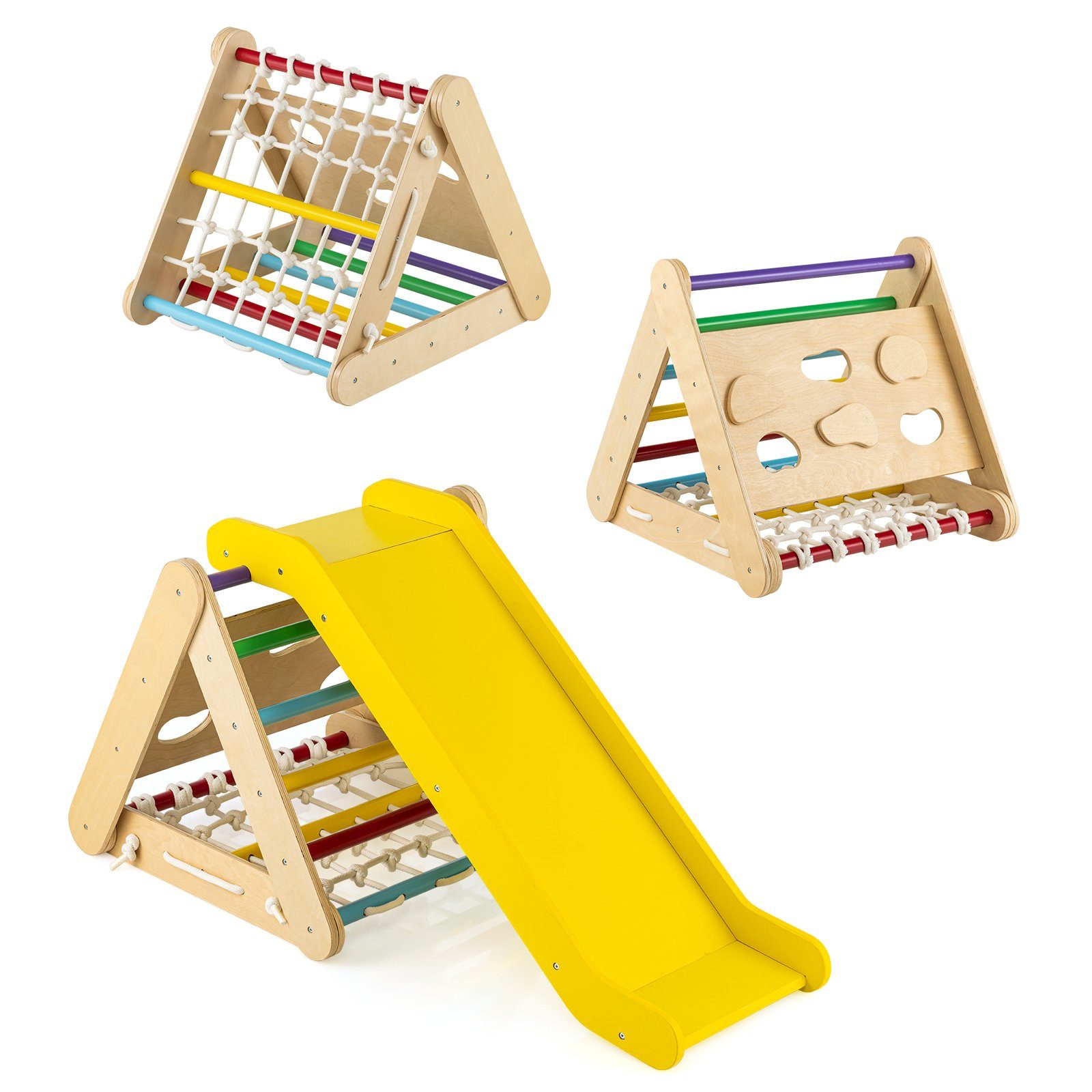 COSTWAY Klettergerüst 4 in 1 Kletterdreieck, mit Rutsche, aus Holz