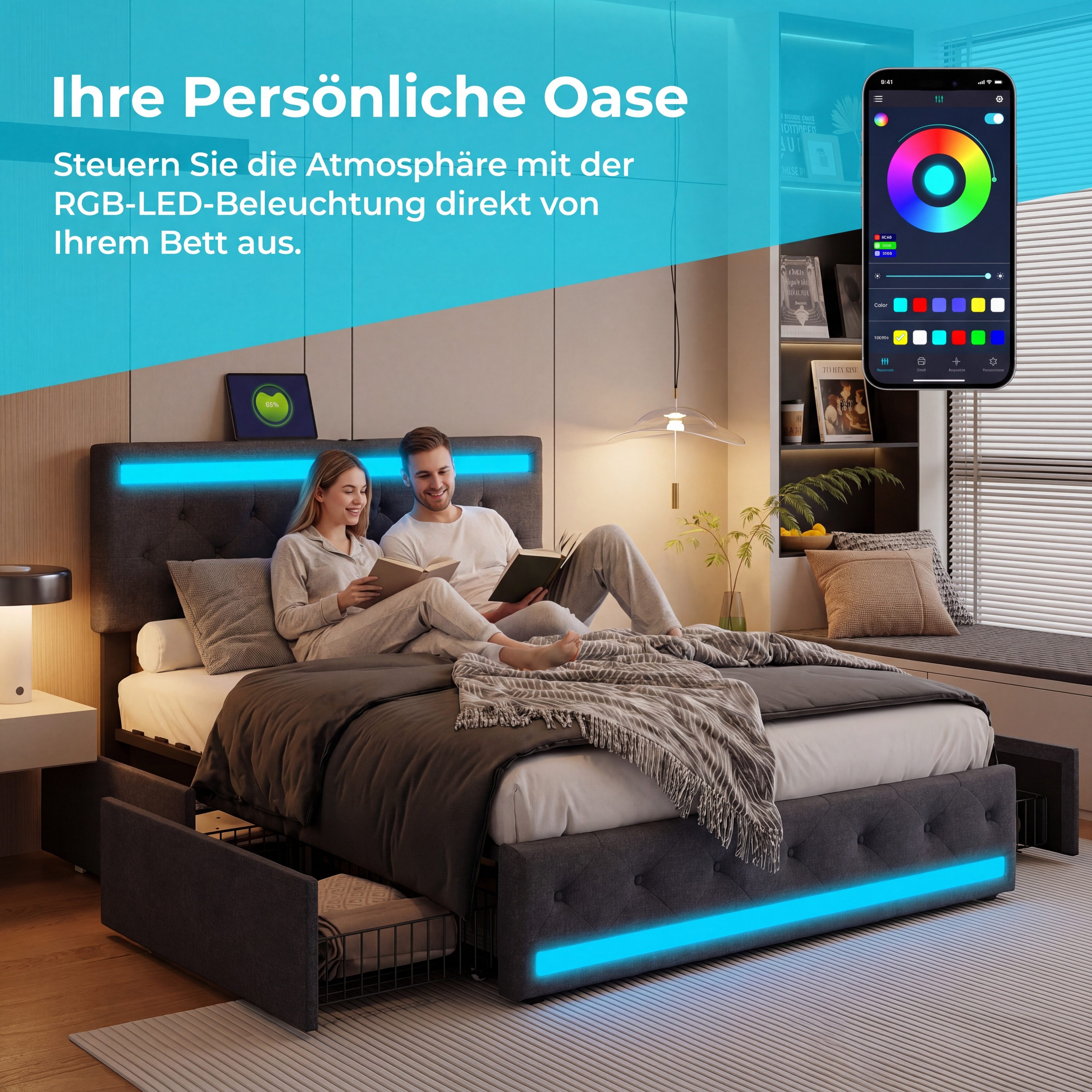 Yelenaro Stauraumbett Polsterbett Doppelbett mit LED Licht USB+Typ-C (Packung, 1-tlg., Jugendbett), 160x200 cm,Leinenstoff,Mit Kopfteil und Bettgestell,Grau – Bild 3 von 5