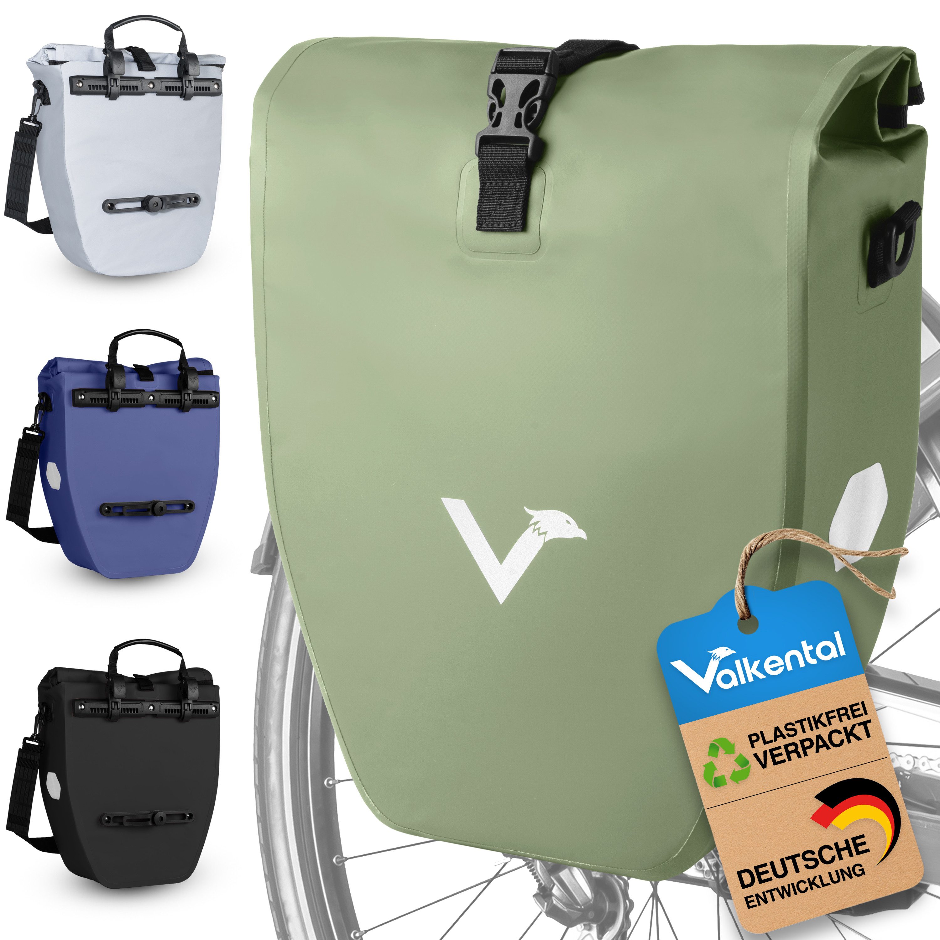 Valkental Fahrradtasche Gepäckträgertasche - Fahrradtasche für Gepäckträger, wasserdicht, große Reflektoren, 20L & 28L
