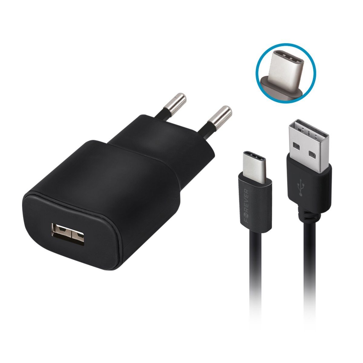 Forever Forever TC-01 Ladegerät 1x USB 2A schwarz + USB-C-Kabel Smartphone-Ladegerät