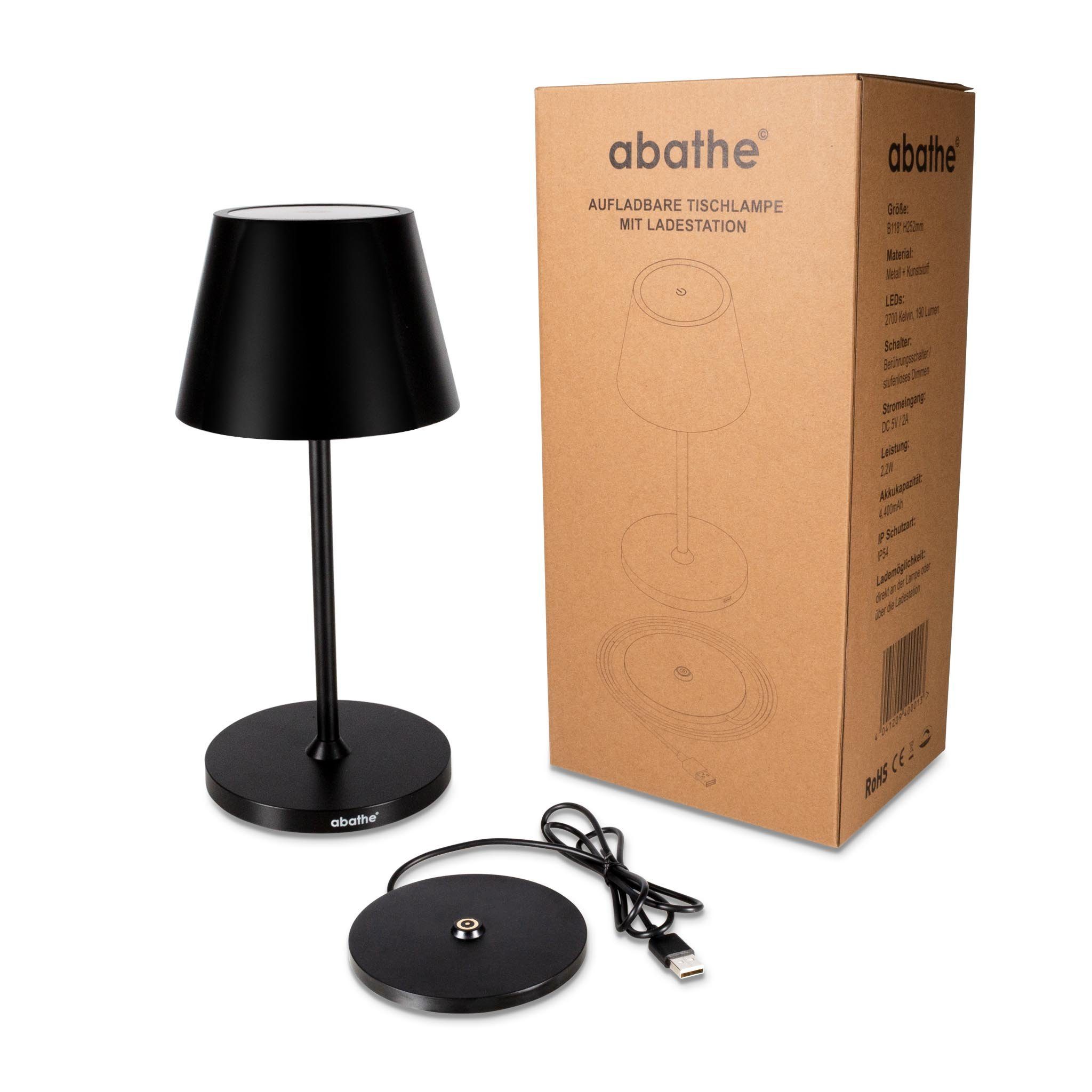 abathe USB-Tischleuchte abathe LED Akku Tischleuchte round mit Ladestation, dimmbar, aufladbar, sichtfreie Höhe von 25cm, IP54, Ladestation, 2700K
