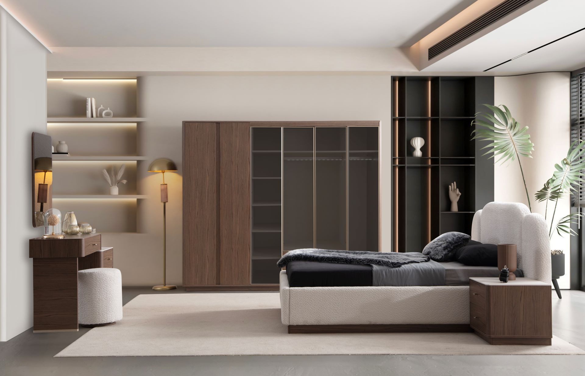 JVmoebel Schlafzimmer-Set Weiß-Braunes Schlafzimmermöbel-Set mit Doppelbett und Nachttischen