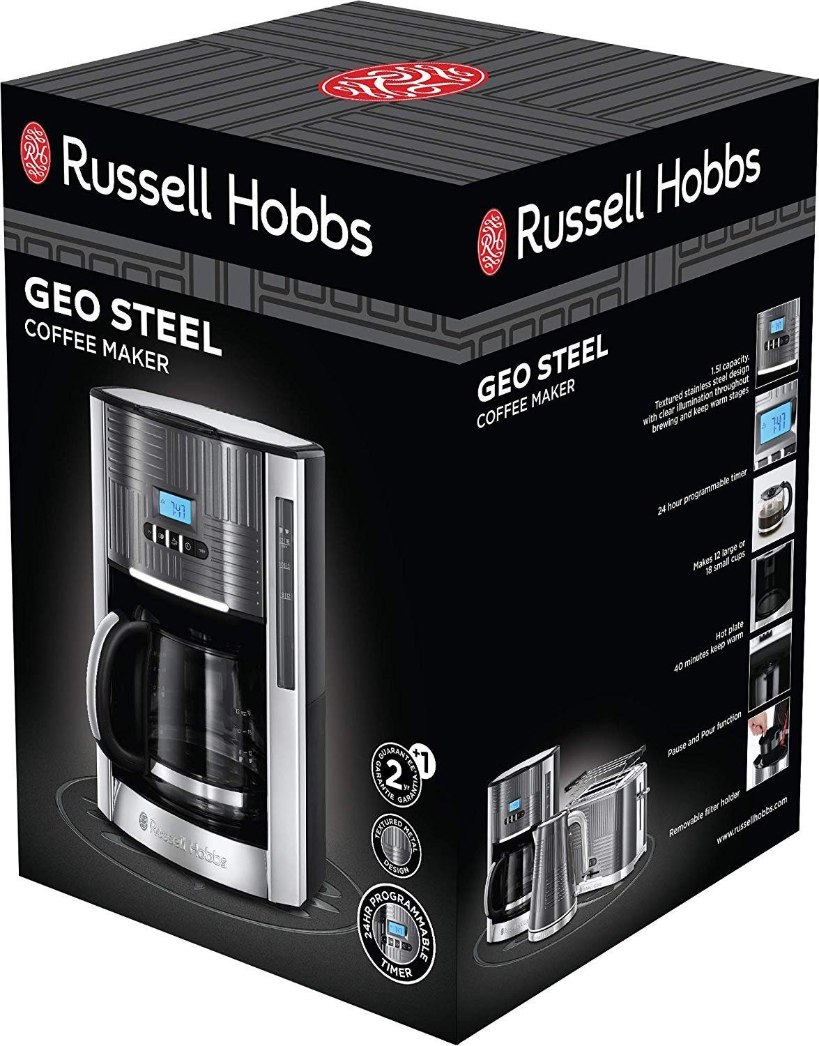 RUSSELL HOBBS Filterkaffeemaschine Geo Steel 25270-56 Digital Glaskanne Timer 12Tassen, 1.5l Kaffeekanne
