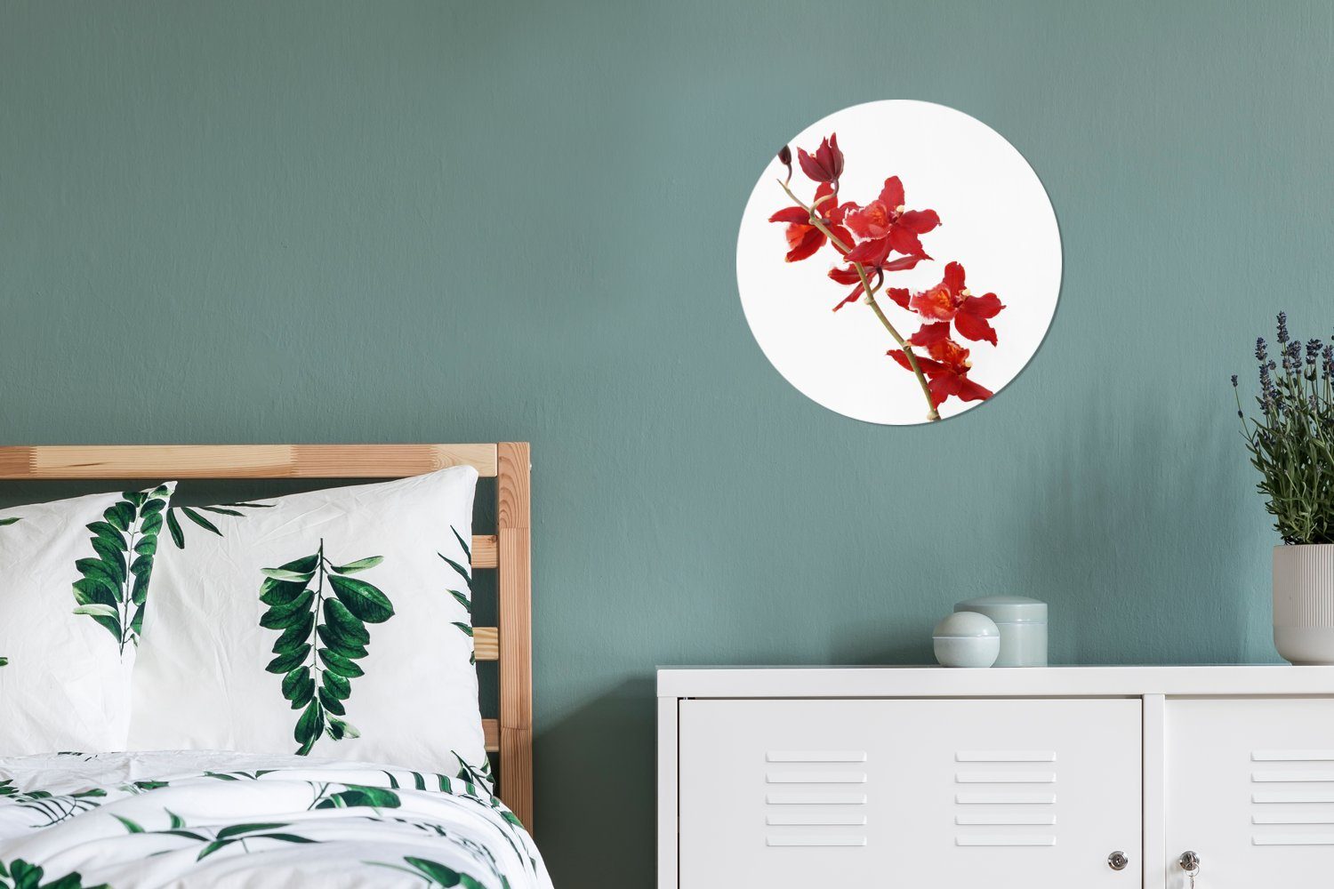 MuchoWow Gemälde Rote Orchideen vor Wohnzimmer, Kreis St), Wandbild, weißen cm Hintergrund, 30x30 Wanddekoration Rundes einem (1 Forex