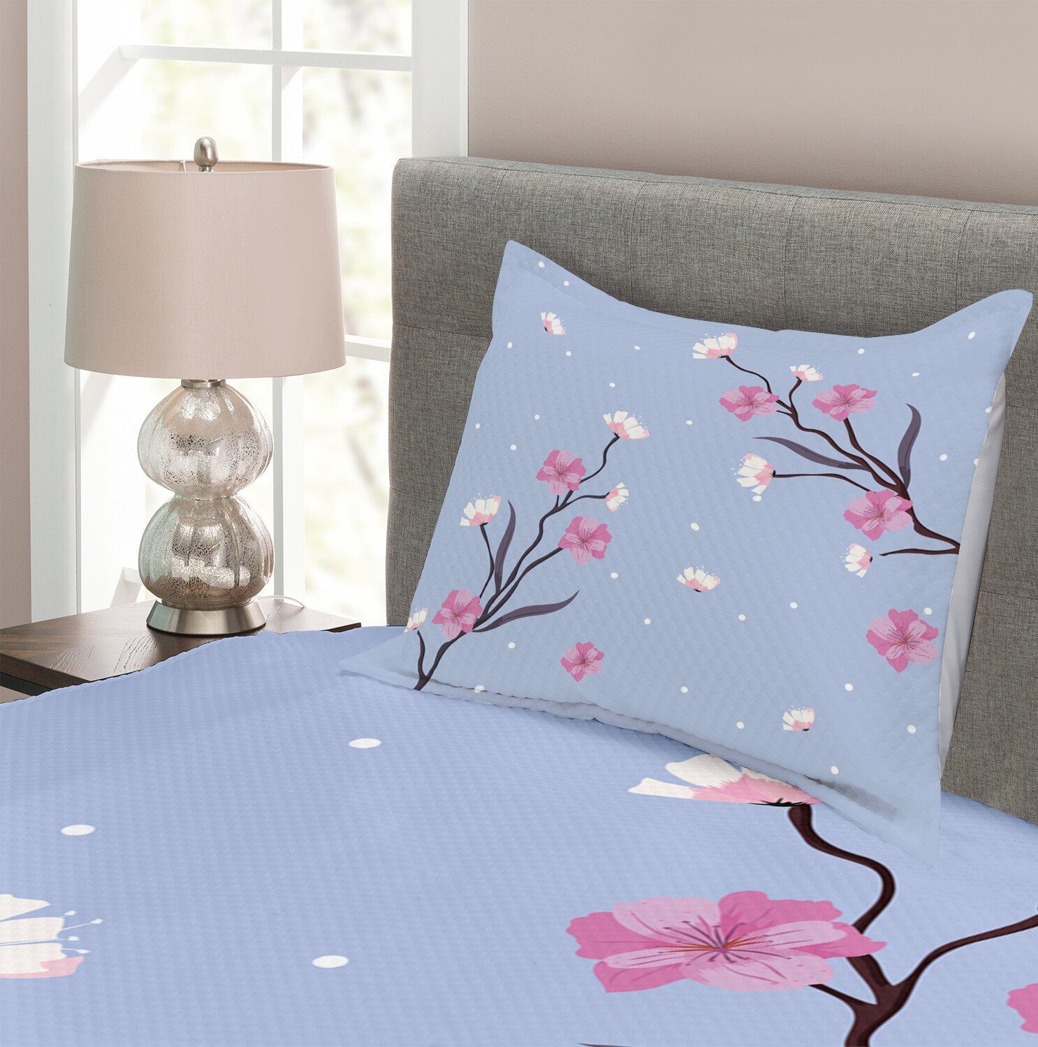 Und Blau Set Apple-Blüten Kissenbezügen Tagesdecke Abakuhaus, Pink mit Zweig Waschbar,